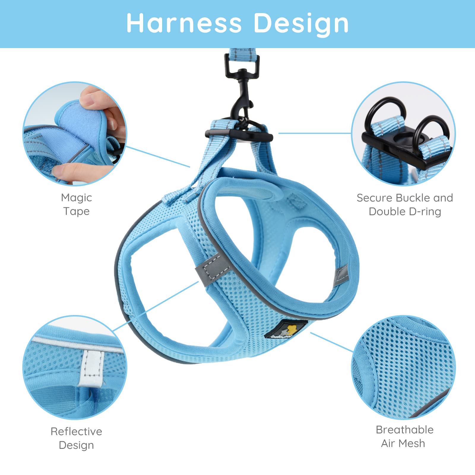 Bella & Pal Puppy Harness & Leash Set, No Pull, Step-In Harness For Extra Small Dogs, Blue, Xxs