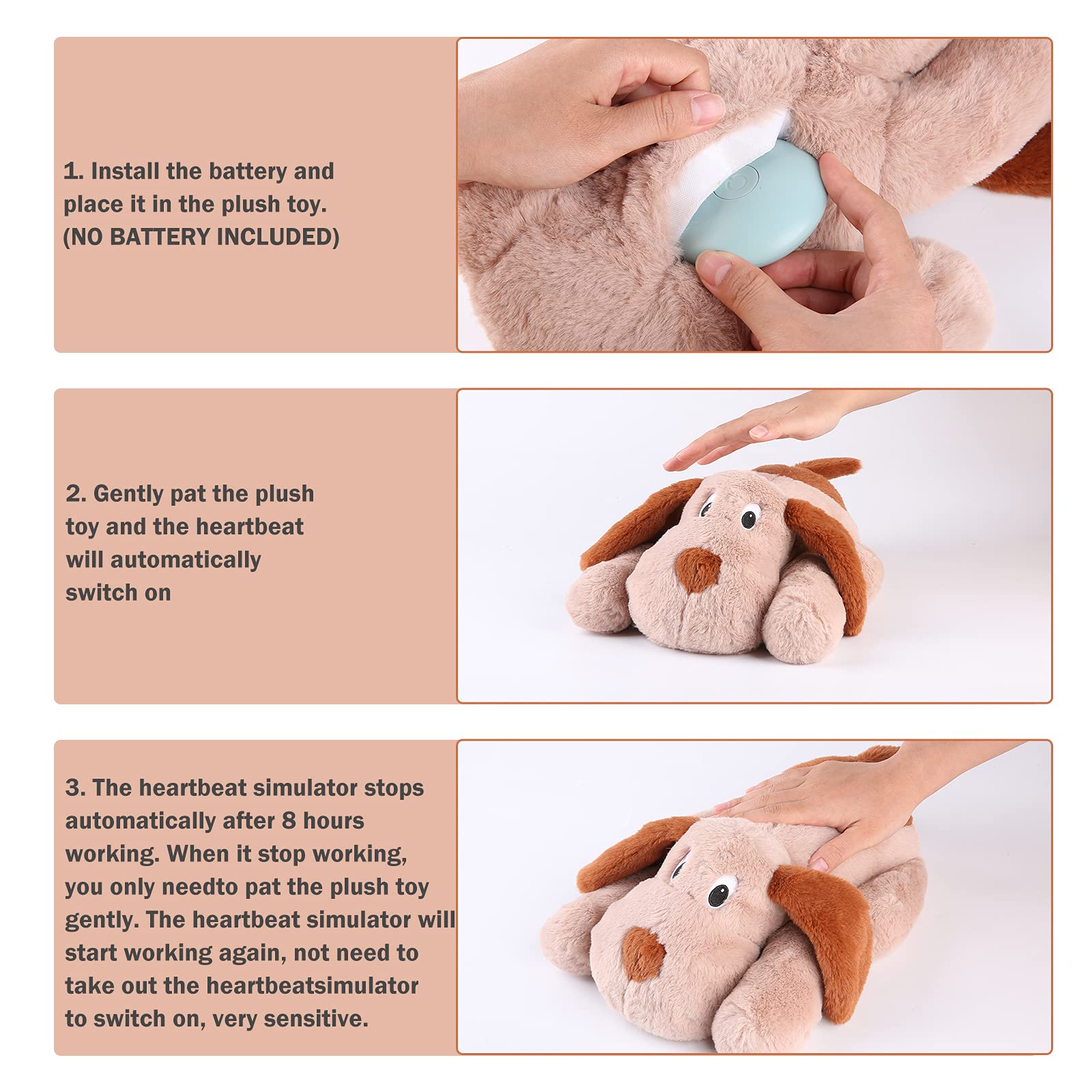 WEOK Puppy Heartbeat Toy, Plush Anxiety Relief for Dogs & Cats, Brown