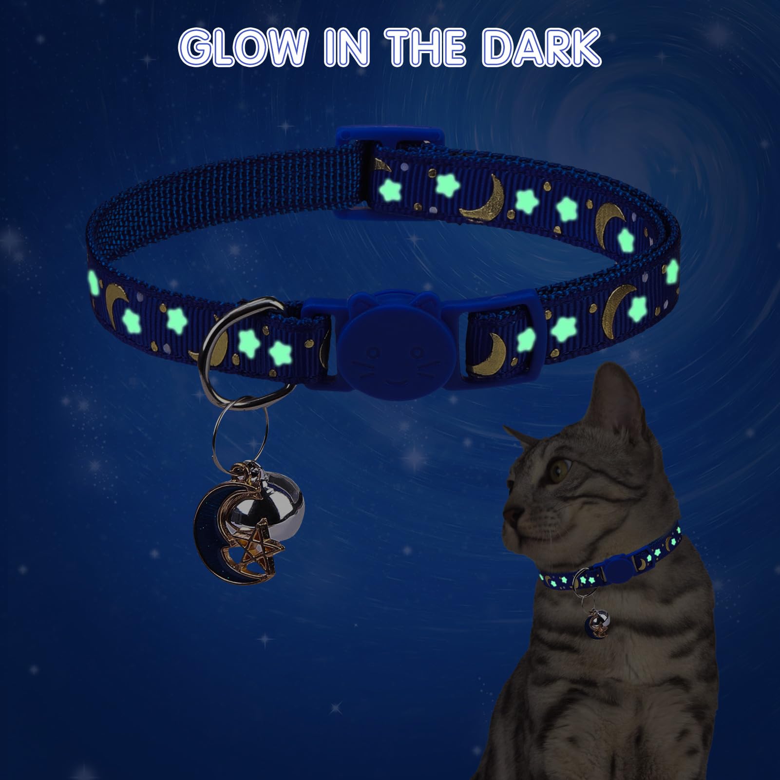 Scenereal Cat Collar With Bells, 12 Pcs Breakaway Cat Collars, Reflective Kitten Collar With Moons And Stars, Adjustable Pet Col