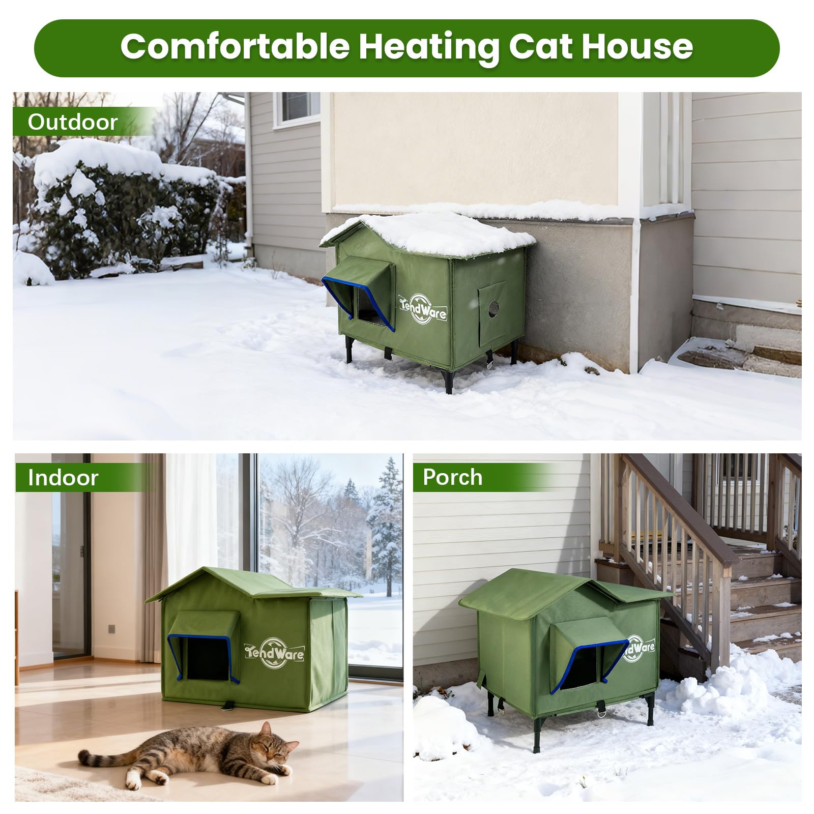TENDWARE Outdoor Cat House Heated Cat House for Outside with Elevated Base Cat-Attracting Eave Design Feral Stray Shelter Weathe