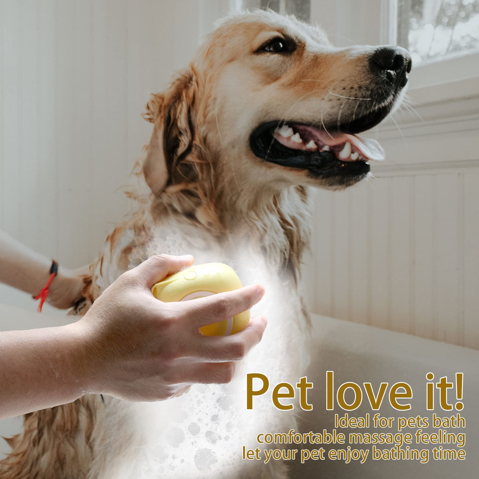 Woleigiao Dog Bath Brush, Pet Massage Brush Shampoo Dispenser, Soft Silicone Brush Rubber Bristle For Dogs And Cats Shower Grooming (Yellow)