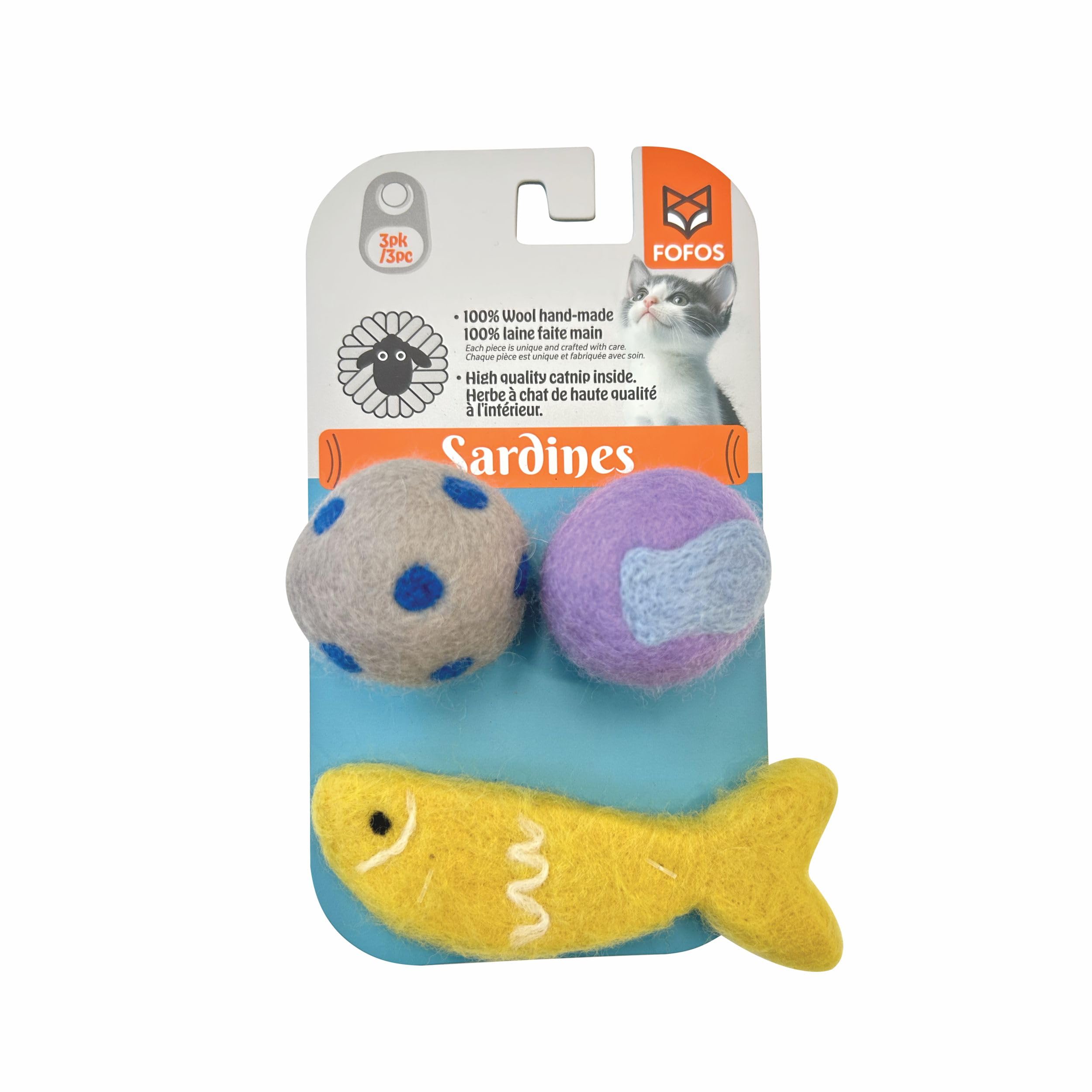 Barkbutler X Fofos Sardine Wool Toy 2 Balls & 1 Fish 3Pk  Cat Toys With Catnip, Handmade Natural Wool Toys Set  Multicoloured