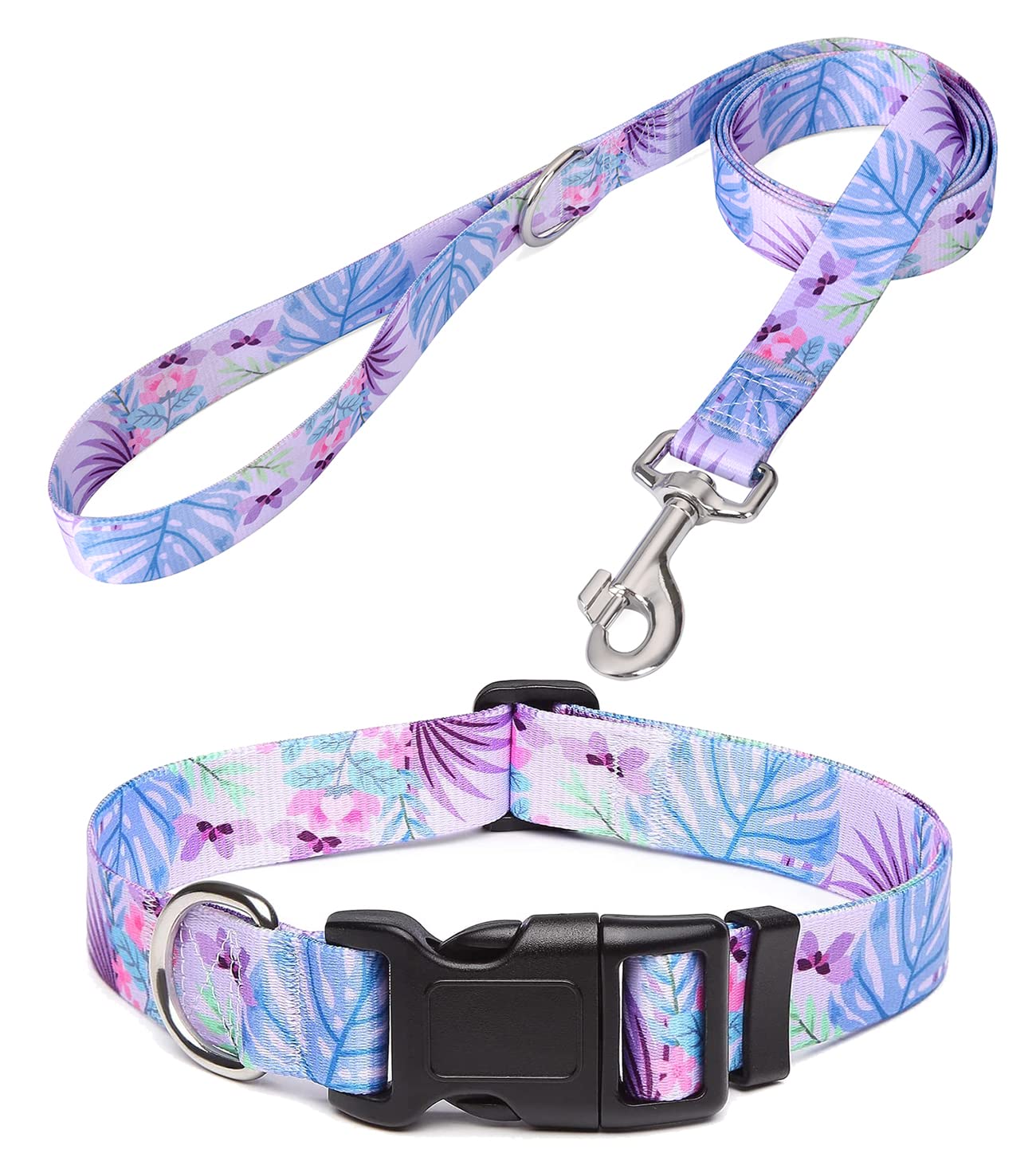 Mihqy Dog Collar And Leash Set With Bohemia Floral Tribal Geometric Patterns - Soft Ethnic Style Collar Adjustable For Small Medium Large Dogs(Purple Flower Flower Set,M)