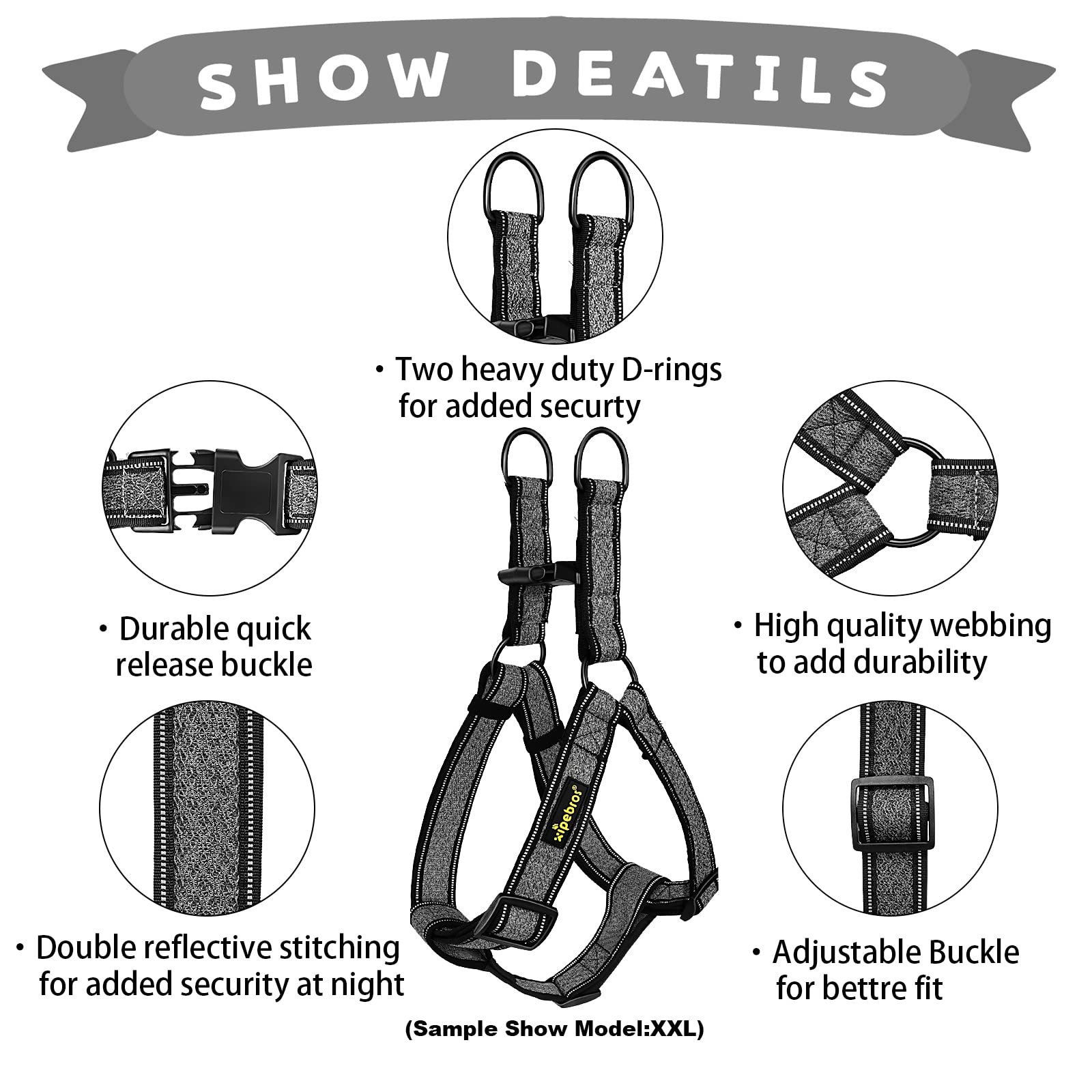 xipebros Dog Harness, No Pull, Reflective, Adjustable, XL, Black for Medium/Large Dogs