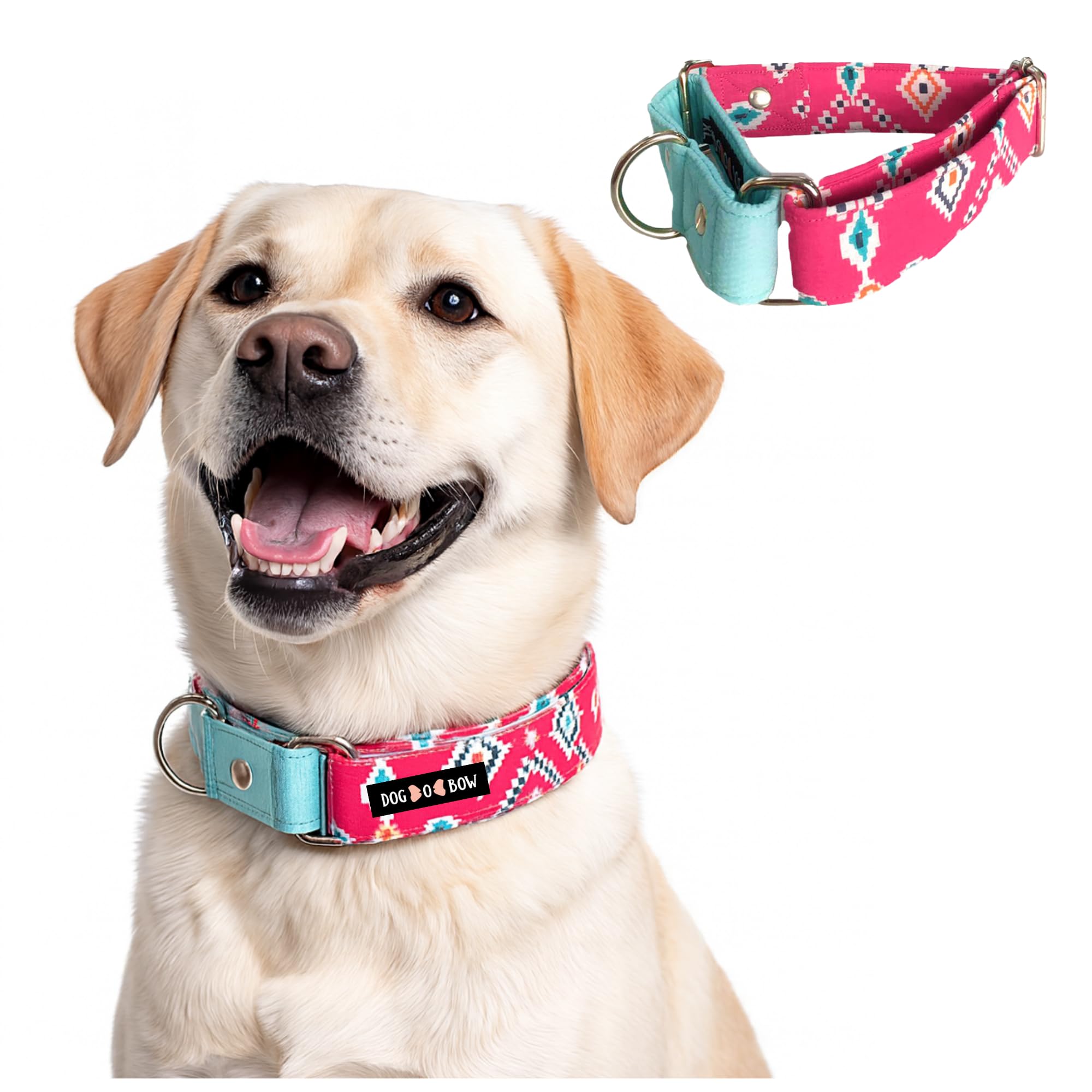 DogOBow Cotton TealPink Aztec Martingale Dog Collar, Durable, Comfortable & Adjustable Training Collar (Extra Large)