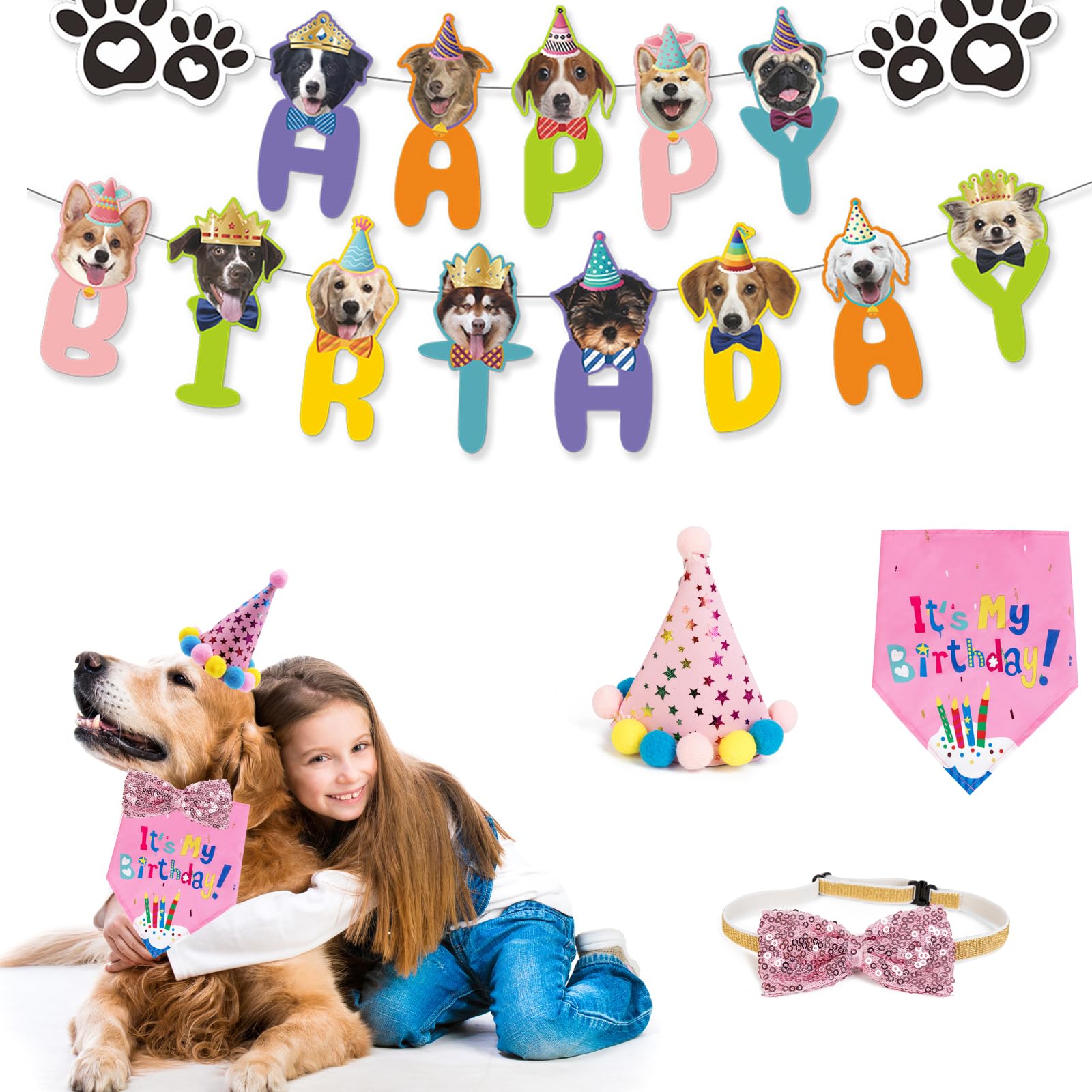 Agirlvct Dog Birthday Party Supplies, Girl Dog Puppy Theme Birthday Decorations,Dog Birthday Hat,Bow Tie,Bandana,Banner for Smal