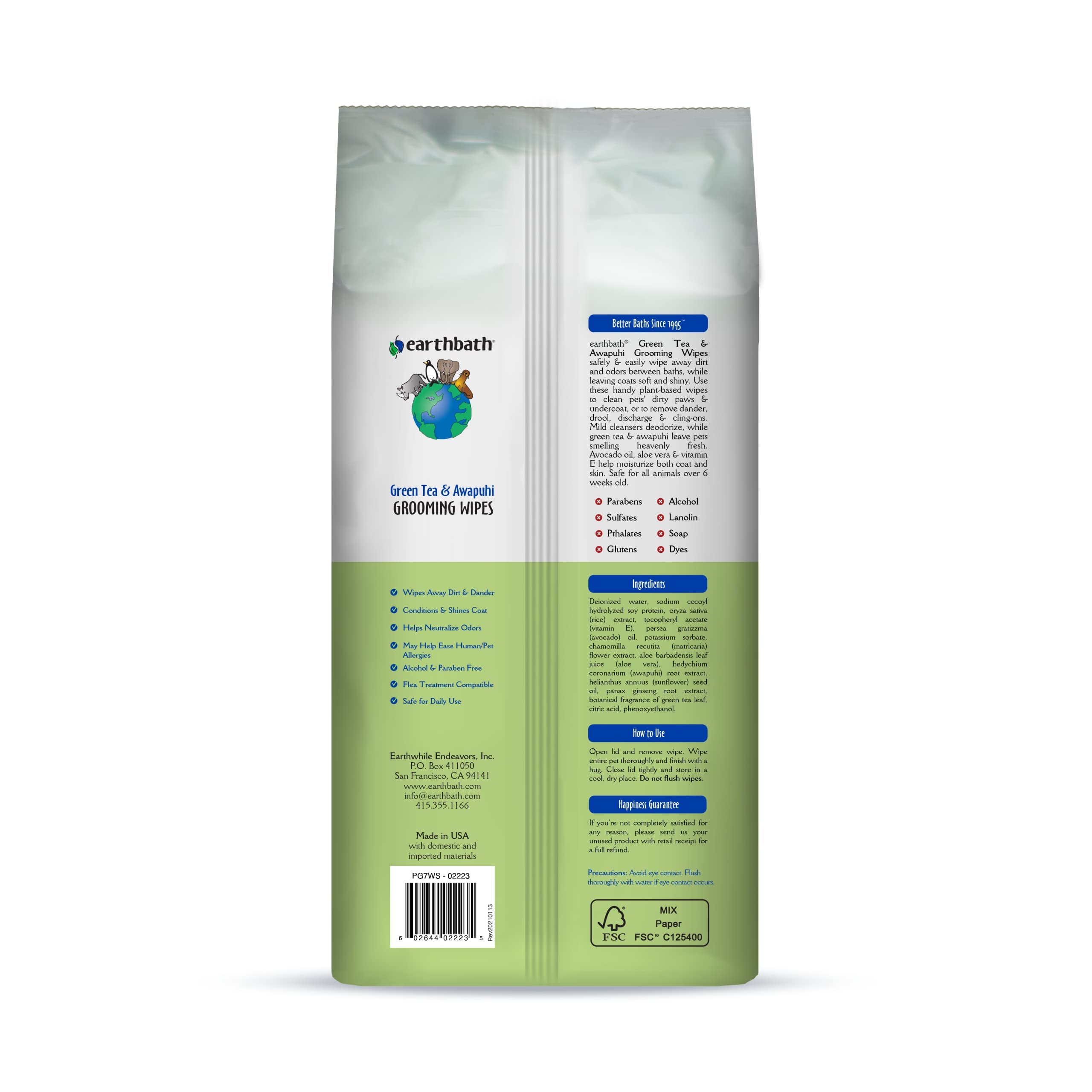 Earthbath, Green Tea & Awapuhi Grooming Wipes - Dog Wipes For Paws And Butt, Best Pet Wipes For Dogs & Cats, Made In Usa, Cruelty-Free Dog Cleaning Wipes, Removes Dirt & Dander - 100 Count (2 Pack)
