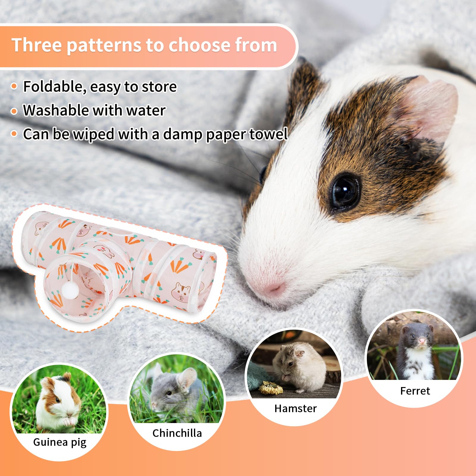 Rypet Guinea Pig Tunnel 3 Way Collapsible Small Pet Tunnels and Tubes with Interactive Ball for Baby Rabbit Ferret Hamster Chinc