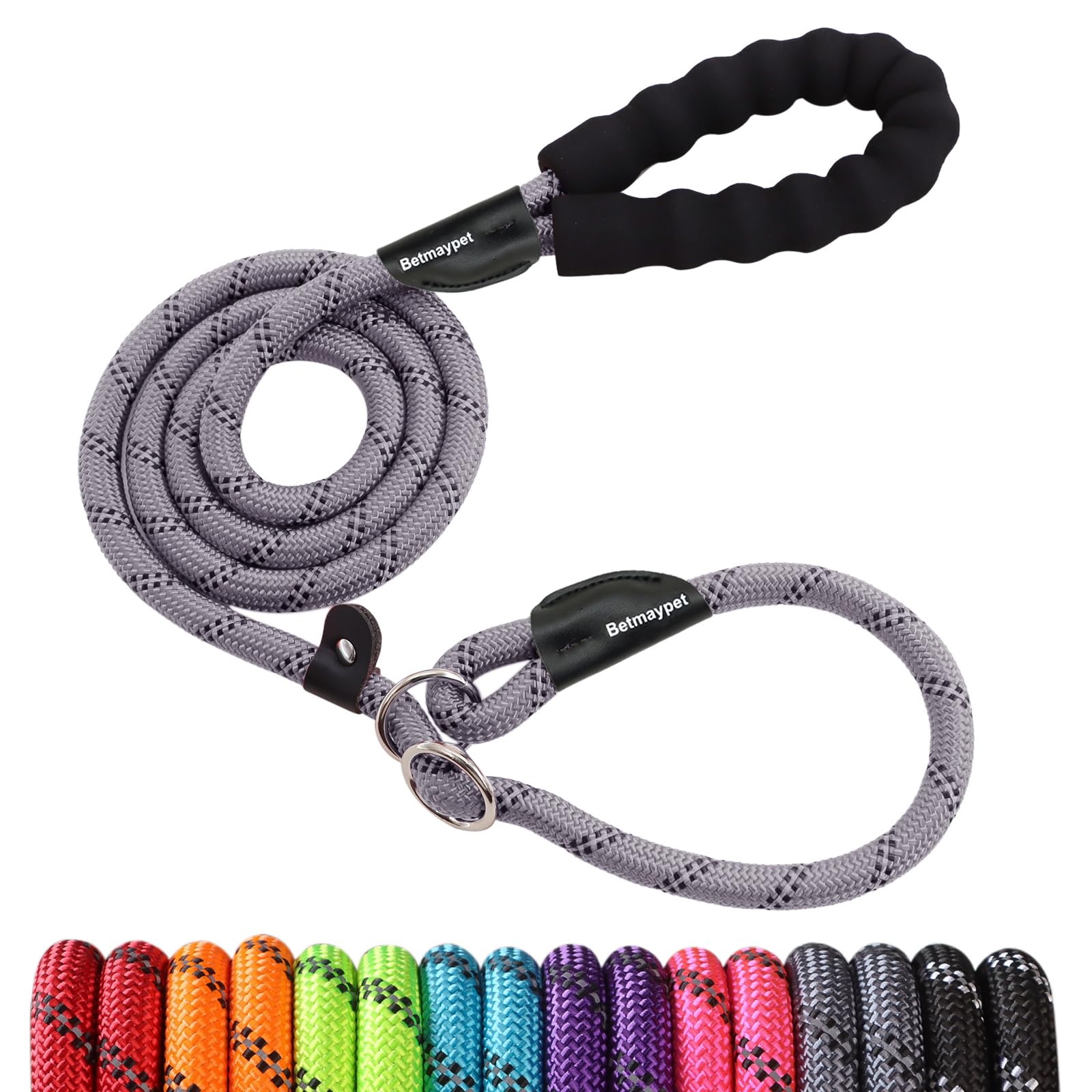 Betmaypet Slip Lead Dog Leash - 4/5/6 FT With Comfortable Handle - Reflective & Heavy Duty Rope for Training (1/2''- 5FT, Grey)
