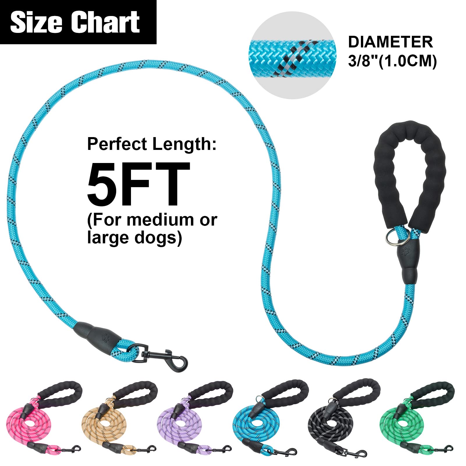 Beautyzoo Heavy Duty Rope Dog Leash 6 Pack, 6Ft Nylon Pet Leash With Reflective Thread, Soft Padded Handle Thick Lead Leash For