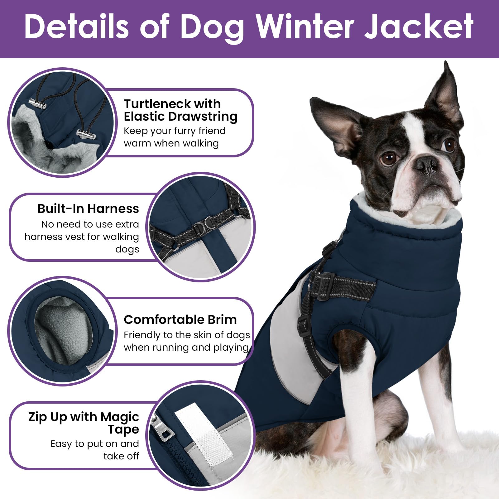 SUNFURA Dog Winter Coat, Waterproof Fleece Lined Jacket, Medium, Navy Blue, Reflective Harness for Pug, Jack Russel, Boston Terrier