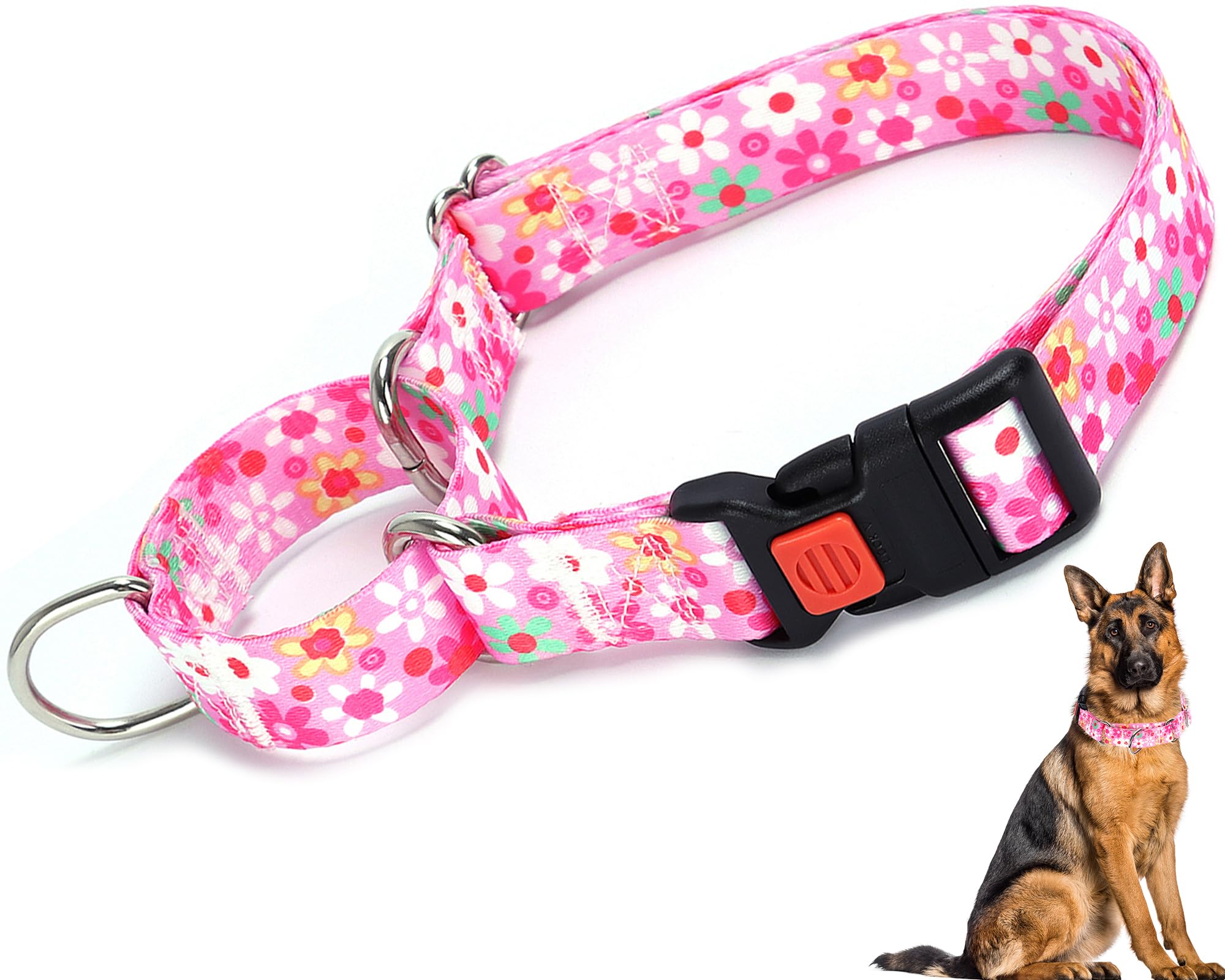 Pink Martingale Collar For Medium Dogs With Safety Buckle, Adjustable Girl Dog Collars With Flowers Design, Heavy Duty No Slip C