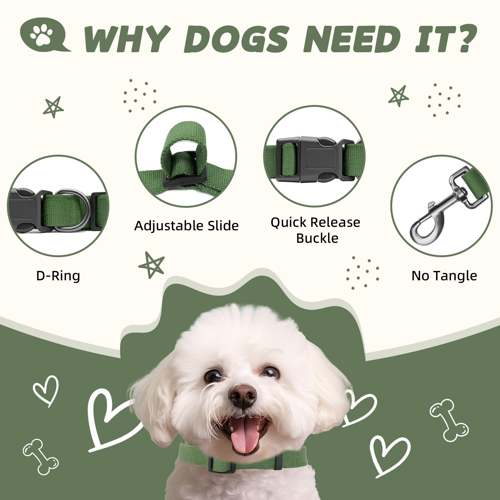 Pawhuggies Olive Green Dog Collar And Leash Set For Small Dogs, Bamboo And Polyester Adjustable Set, 4 Ft Leash