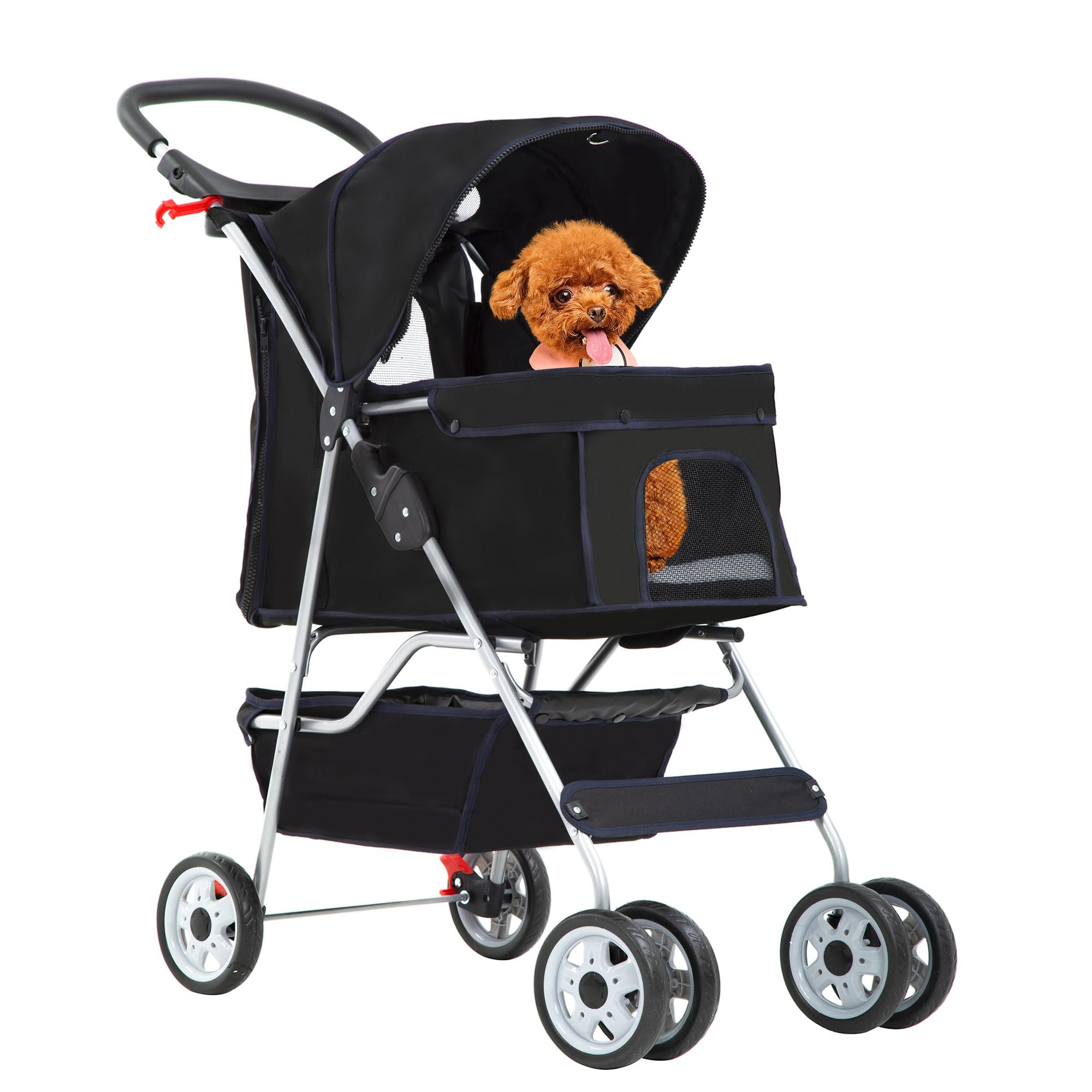 FDW Pet Stroller 4-Wheel Dog Cat Stroller Travel Folding Carrier with Cup Holder and Removable Liner for Small Medium Dogs Cats,