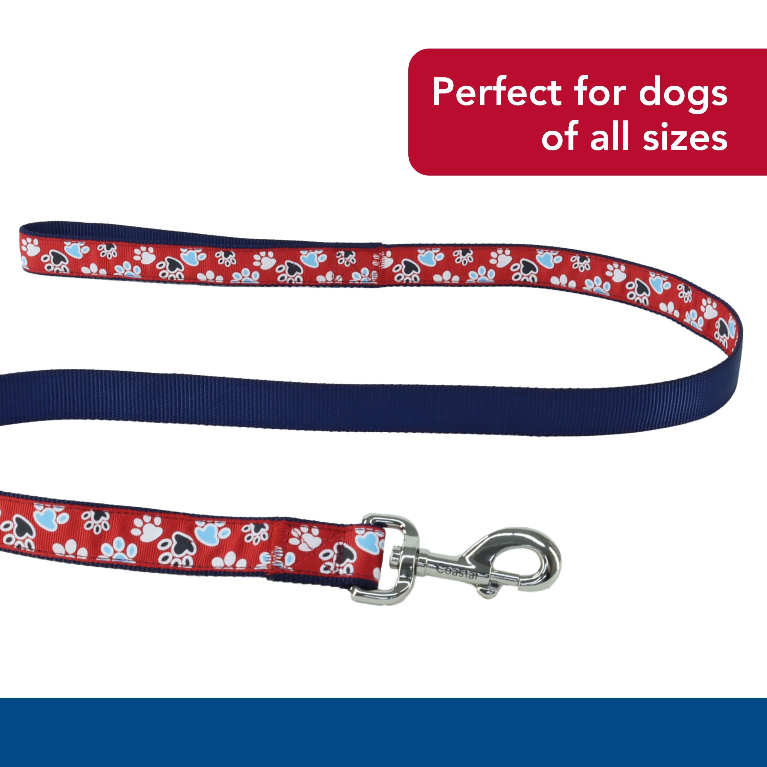 Coastal Pet Ribbon Dog Leash - Contemporary Stylish Look - Durable Fade-Resistant Nylon Material - Perfect For Dogs Red With Paws, 5/8' X 06'