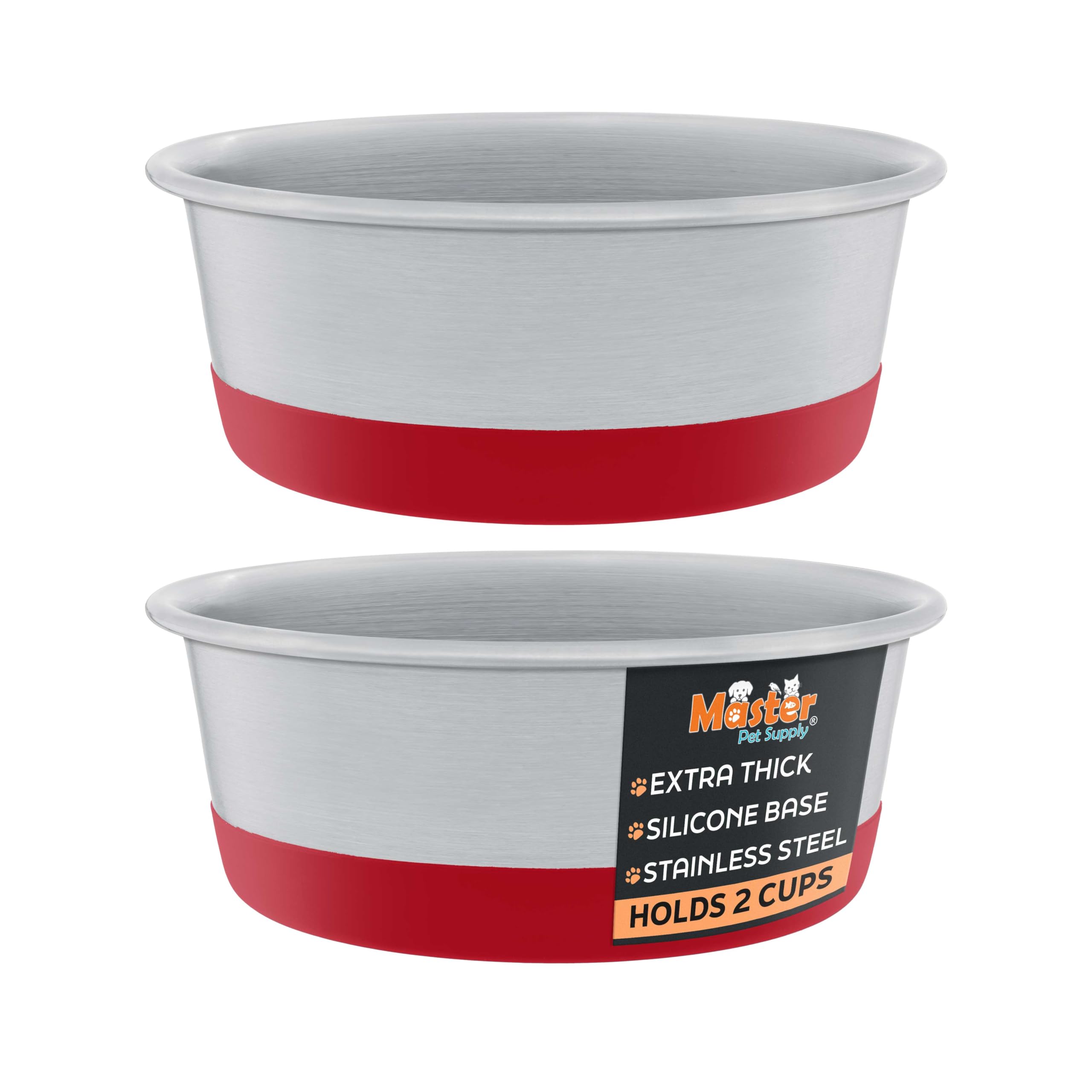 Master Pet Supply Stainless Steel Dog Bowls Set of 2 with Extra Thick Silicone Base - 2 Cup (16 oz) Crimson Red, Non-Slip, Dishw
