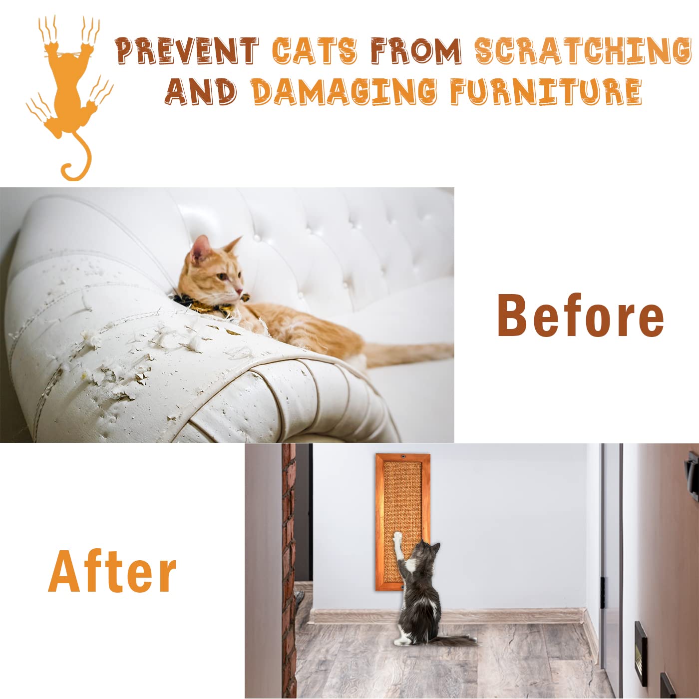 Lsaifater Cat Scratching Post - 2 Pcs, Wooden Sisal Cat Wall Scratcher, Floor Or Wall Mounted Vertical Cat Scratch Pad For Indoor Cats Adults Or Kittens, Cat Wall Furniture Protector