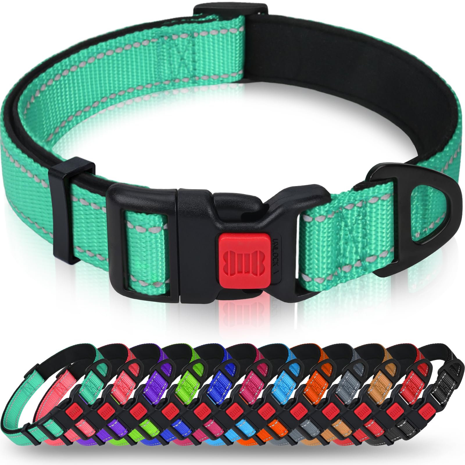 Taglory Reflective Dog Collar With Safety Locking Buckle, Adjustable Nylon Pet Collars For Large Dogs Female Male, Turquoise, L