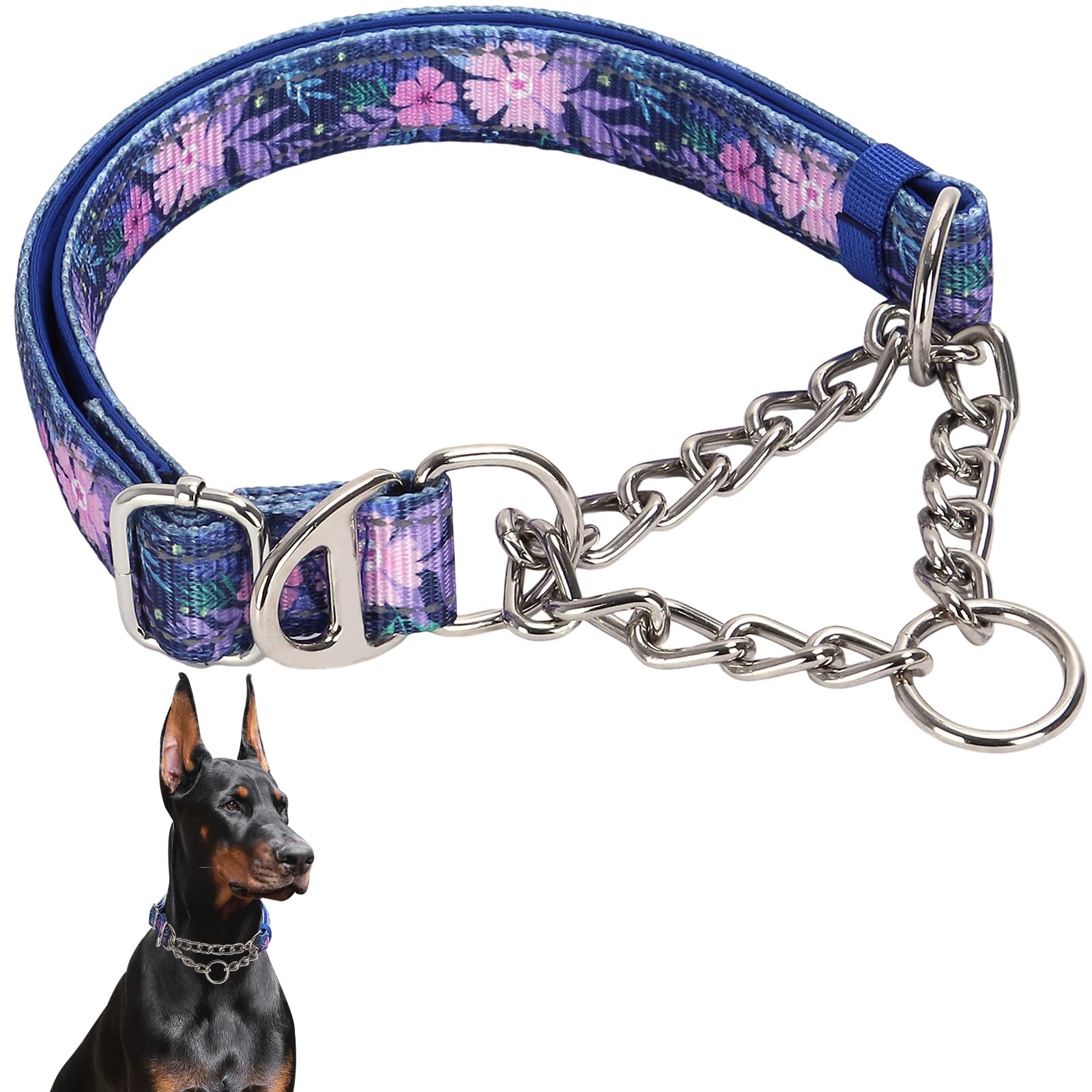 Martingale Dog Collar With Steel Chain, Reflective Choke Collar With Soft Padded- Adjustable No Pull With Bohemia Flower For Tra