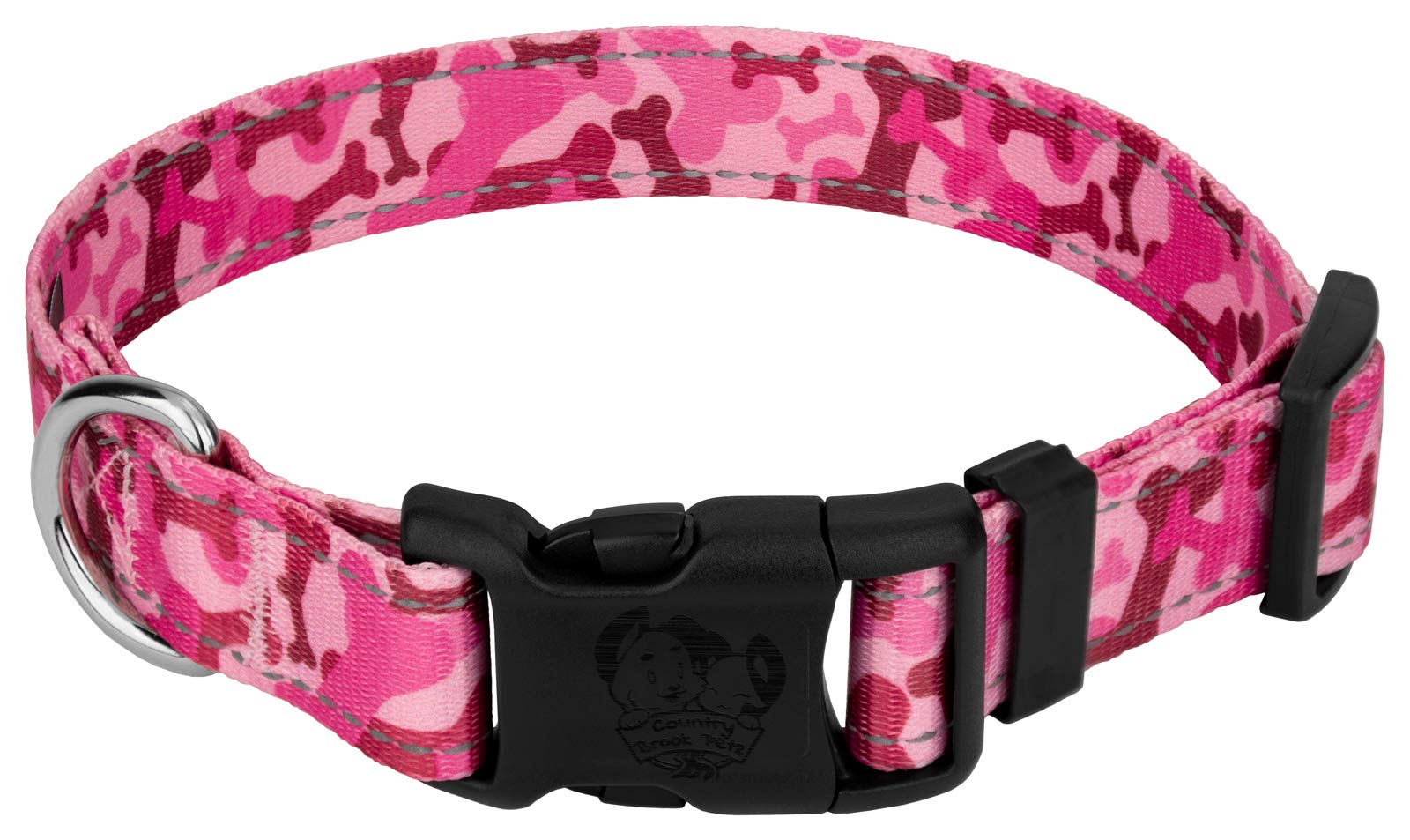 Country Brook Petz - Deluxe Pink Bone Camo Reflective Dog Collar Collection Featured Night Safe Designs (1 Inch, Large)