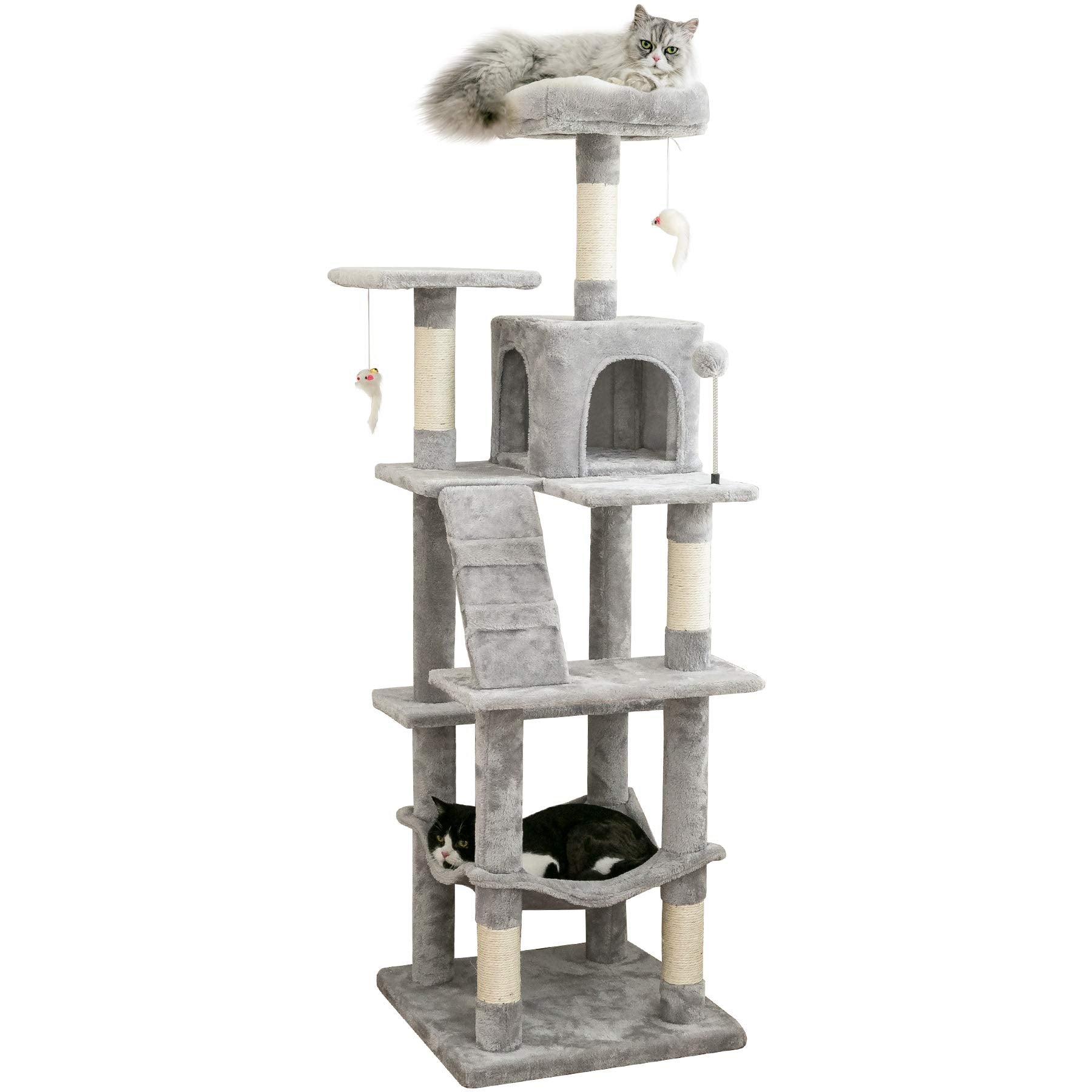 Mwpo 63.8 Inches Multi-Level Cat Tree For Large Cats With Sisal-Covered Scratching Posts, Padded Platform, Hammock And Condo,Stable Cat Tower Cat Condo Pet Play House-Light Gray