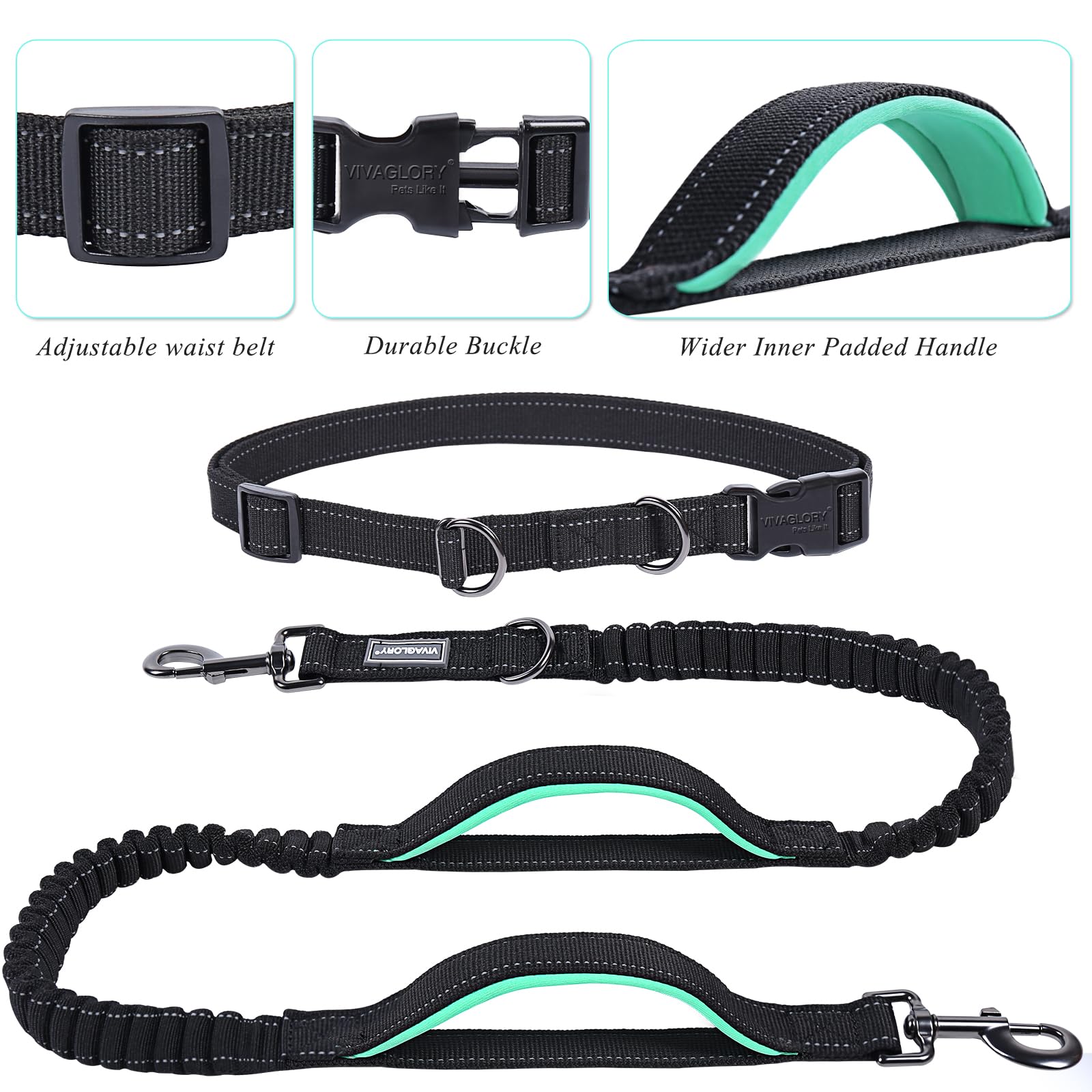 Vivaglory Hands Free Dog Leash With Dual Advanced Anti-Shock Bungees And Padded Handles, Reflective Waist Running Leash With Adjustable Belt For Medium Large Dogs, Black/Turquoise