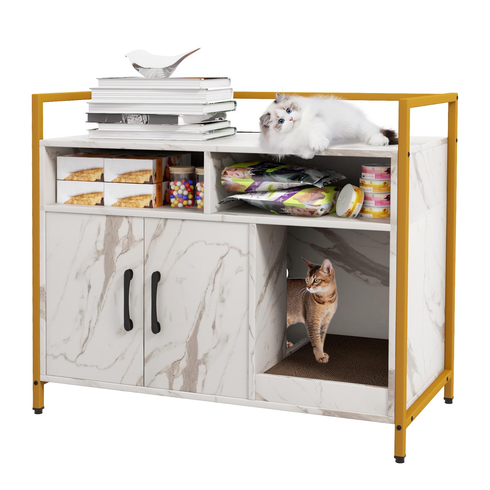 Giantex Cat Litter Box Enclosure - Cat Washroom Hidden Furniture with Front Entry, Scratcher, 2-Door Storage Cabinet, 2 Compartm