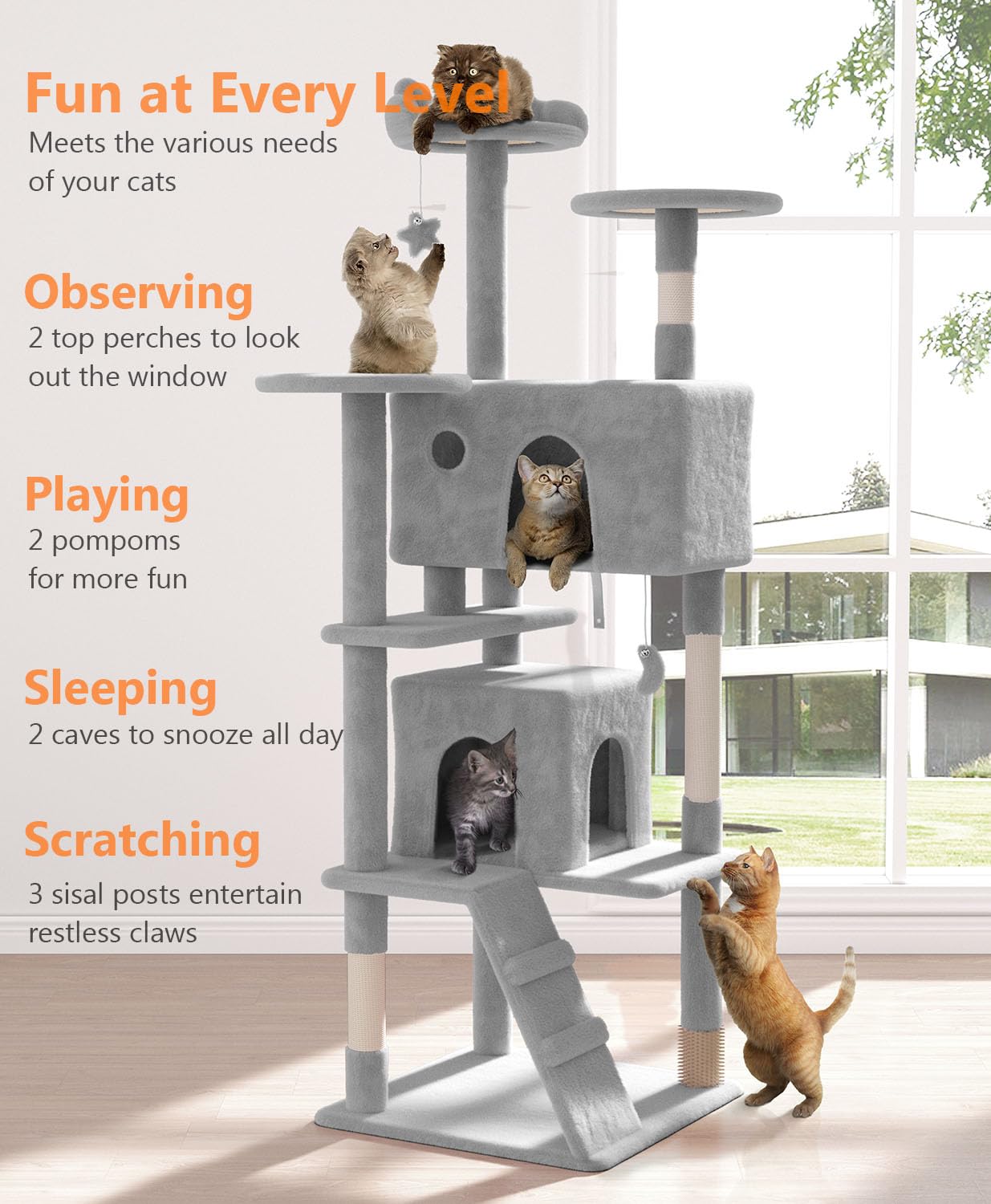 Os Motor 70'' Cat Tree Tower For Indoor Cats Large Adult,Cute/Tall Modern Cat Tree For Big Cats 20 Lbs,Plush Multi-Level Cat Con