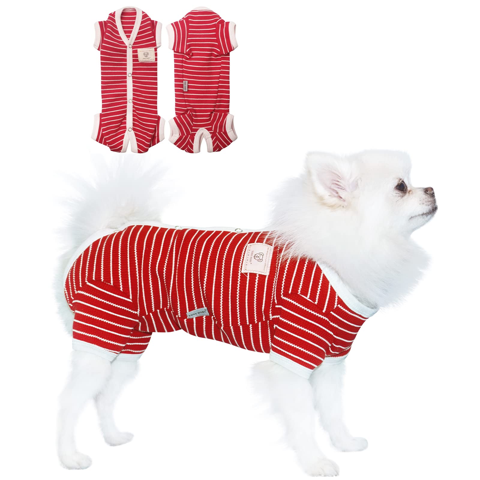 Tony Hoby Dog Pajamas 4 Legged Pet Clothes, Dog Onesies With Waffle Stripes, Dog Jumpsuit Pajamas For Medium Small Dog (Red, Girl, M)
