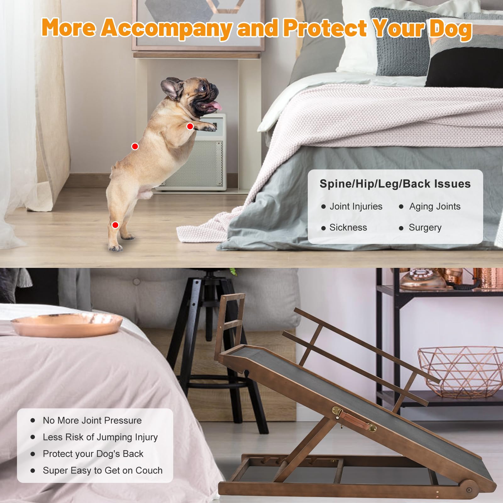 Meulbaty Dog Ramp for High Beds, Adjustable 15"-28" Height, Wood, Black, Model L