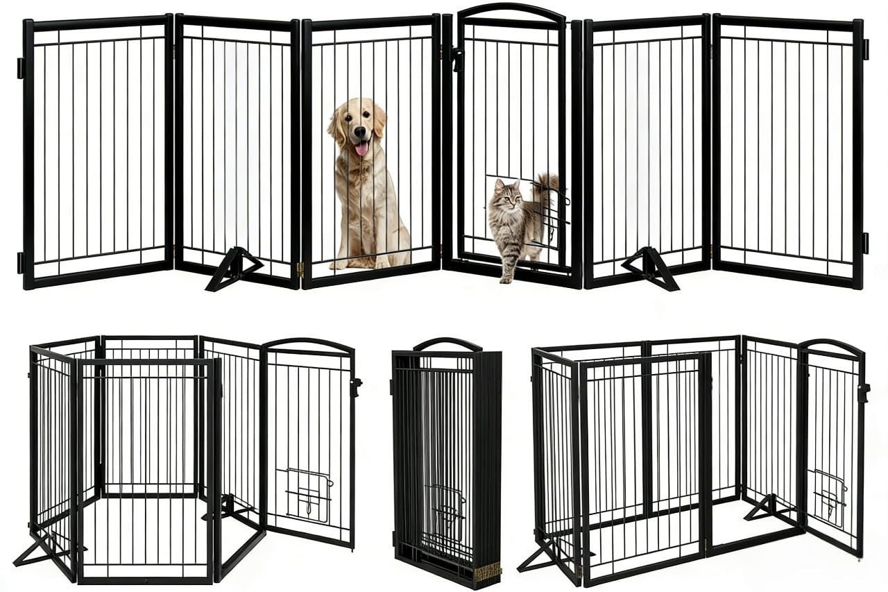 Metal Free Standing Dog Gate with Cat Door for Indoor/Outdoor,120 Extra Wide Foldable Pet Gate,32 Tall Foldable Indoor Dog Fence