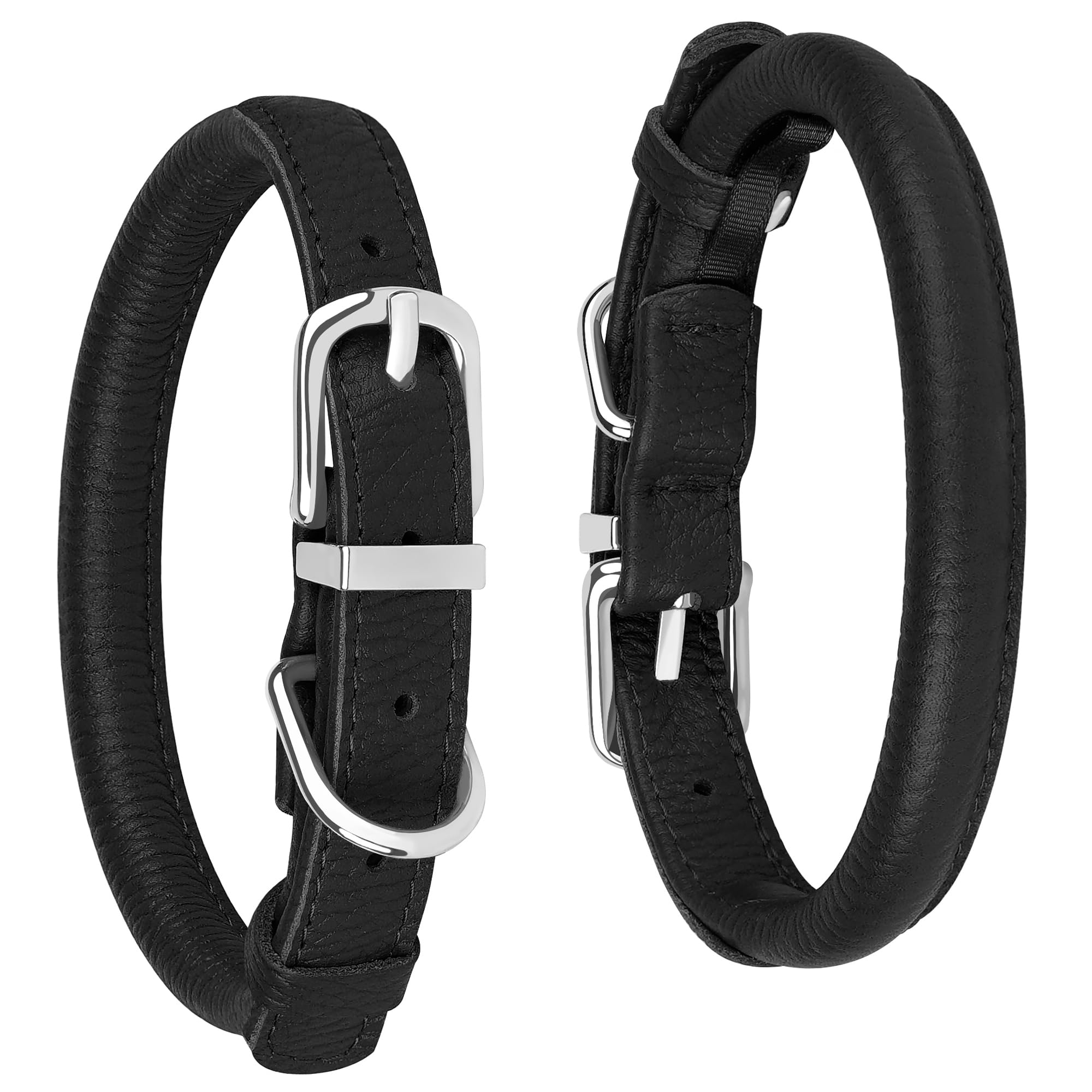 Oopsdoggy Rolled Leather Dog Collar Soft Roll Collars For Small Medium Large Dogs Puppy (Black, Xxs, 7-9)