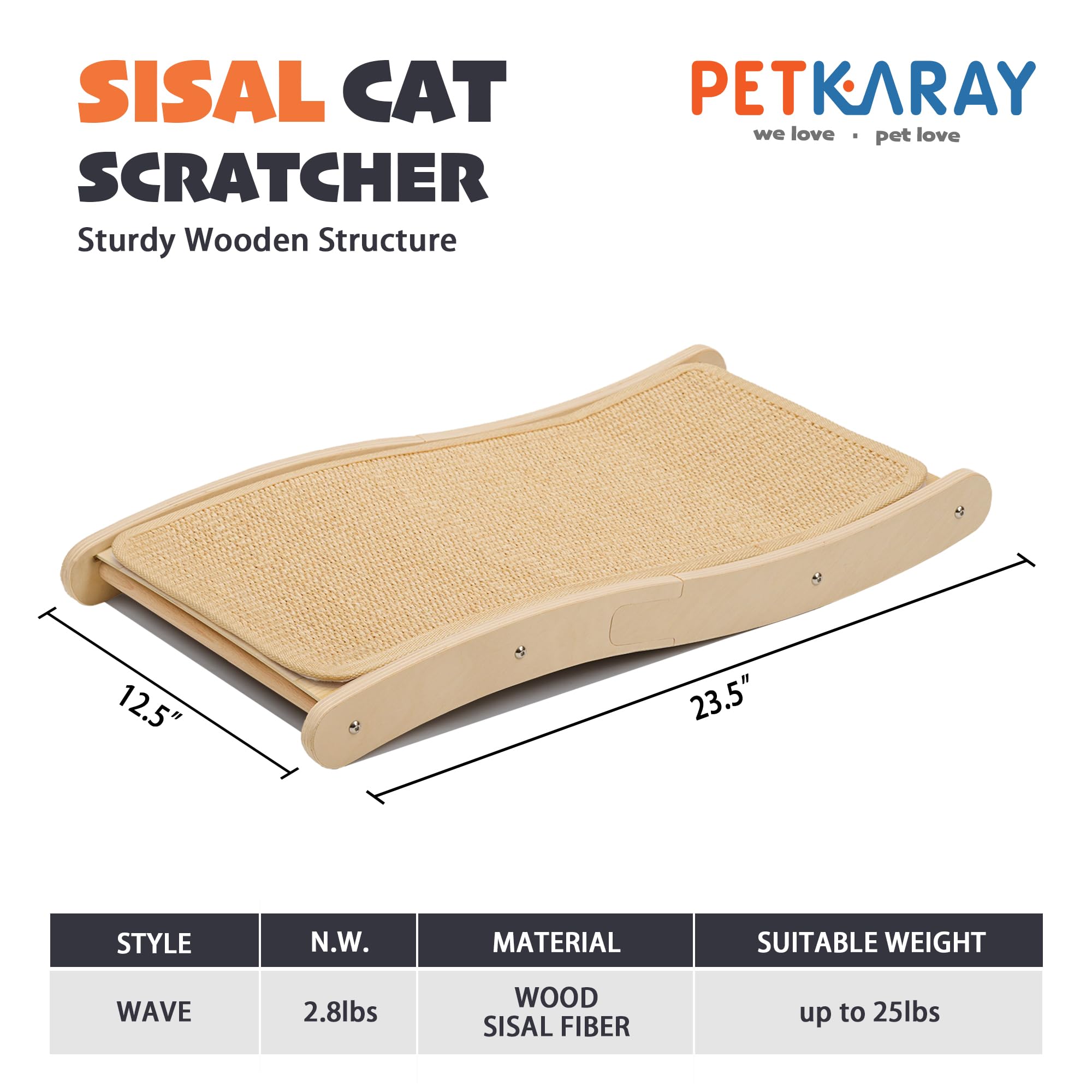 Petkaray Sisal Cat Scratching Board, Curved Sisal Cat Scratcher, Large Indoor Kitty Scratch Pad, Heavy Duty Wave Lounge Bed For