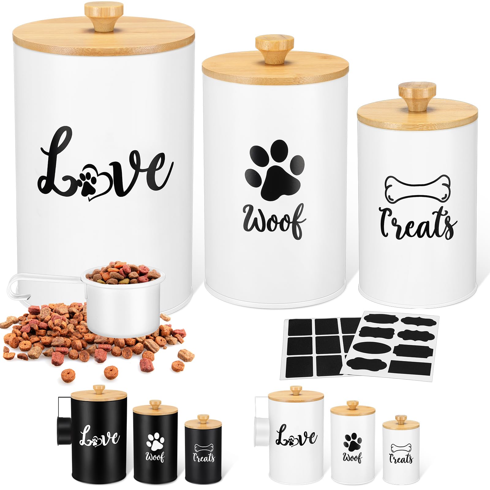 Tioncy Dog Treat Container Set of 3 with Bamboo Lids and Spoon Airtight Metal Dog Treat Jars with DIY Labels Pen Large Pet Cooki