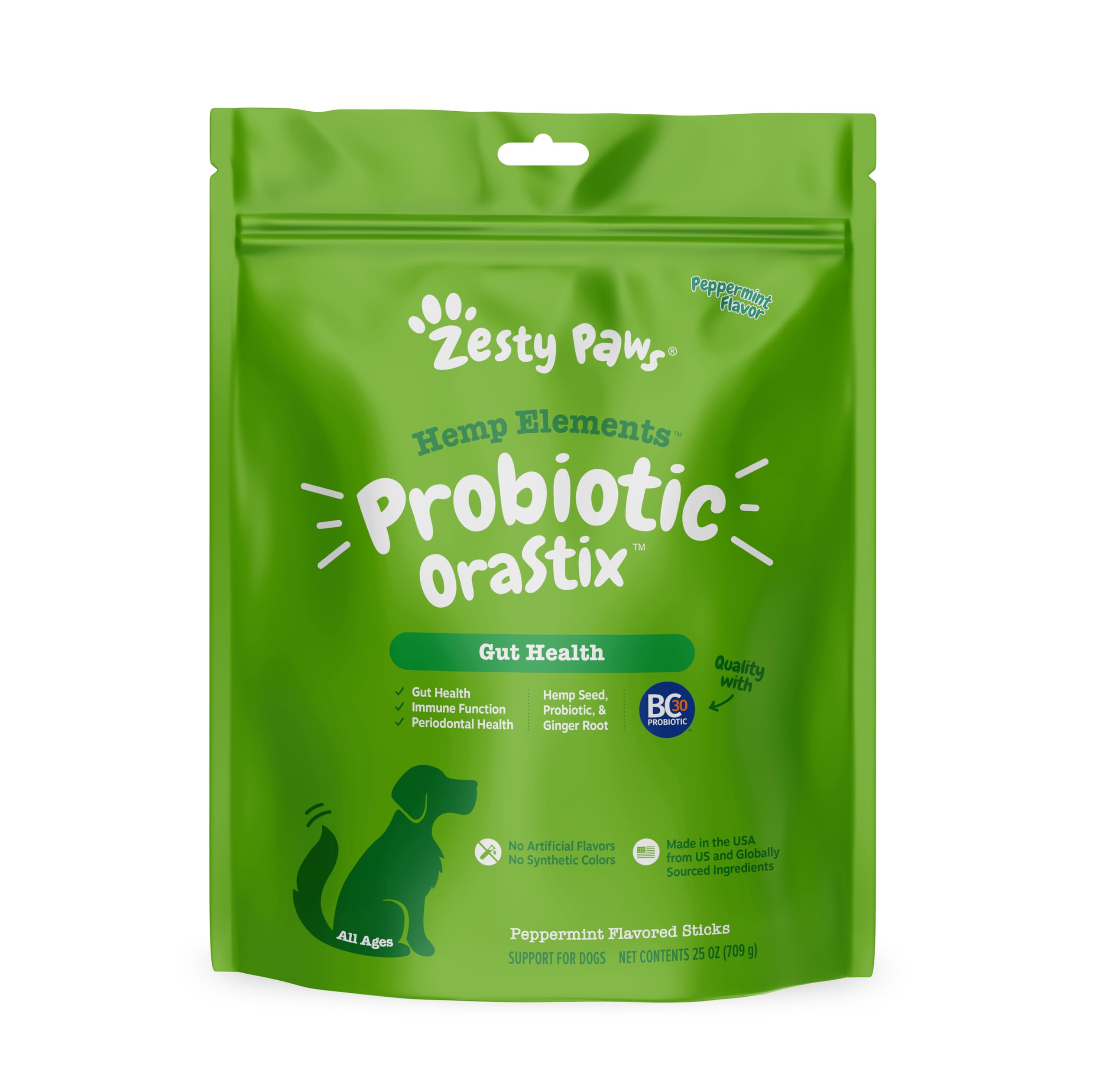 Zesty Paws OraStix for Dogs - Probiotic Sticks with Hemp Seed Curcumin Ginger Root Taurine - Supports Gut Function Flora Immune 