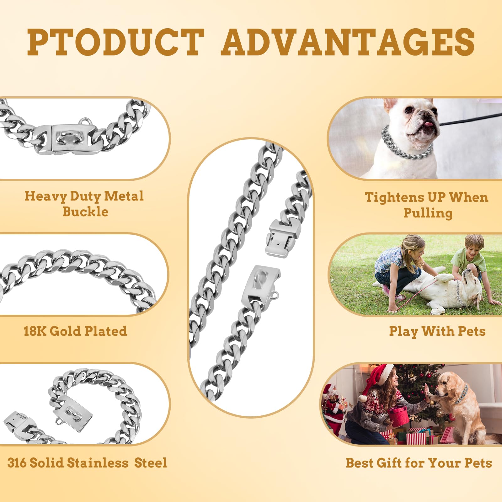 Baobote 15Mm Silver Stainless Steel Dog Collar With Cuban Link Chain Heavy Duty Chew Proof Training Collar For Dogs(18 Silver)