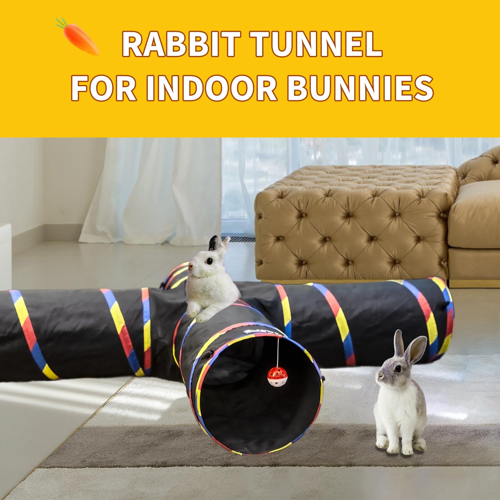SweetBin Cat Tunnel Toy - 4 Way Large 47" Indoor Cat Tube, 10" Diameter, Black with Play Ball & Mouse
