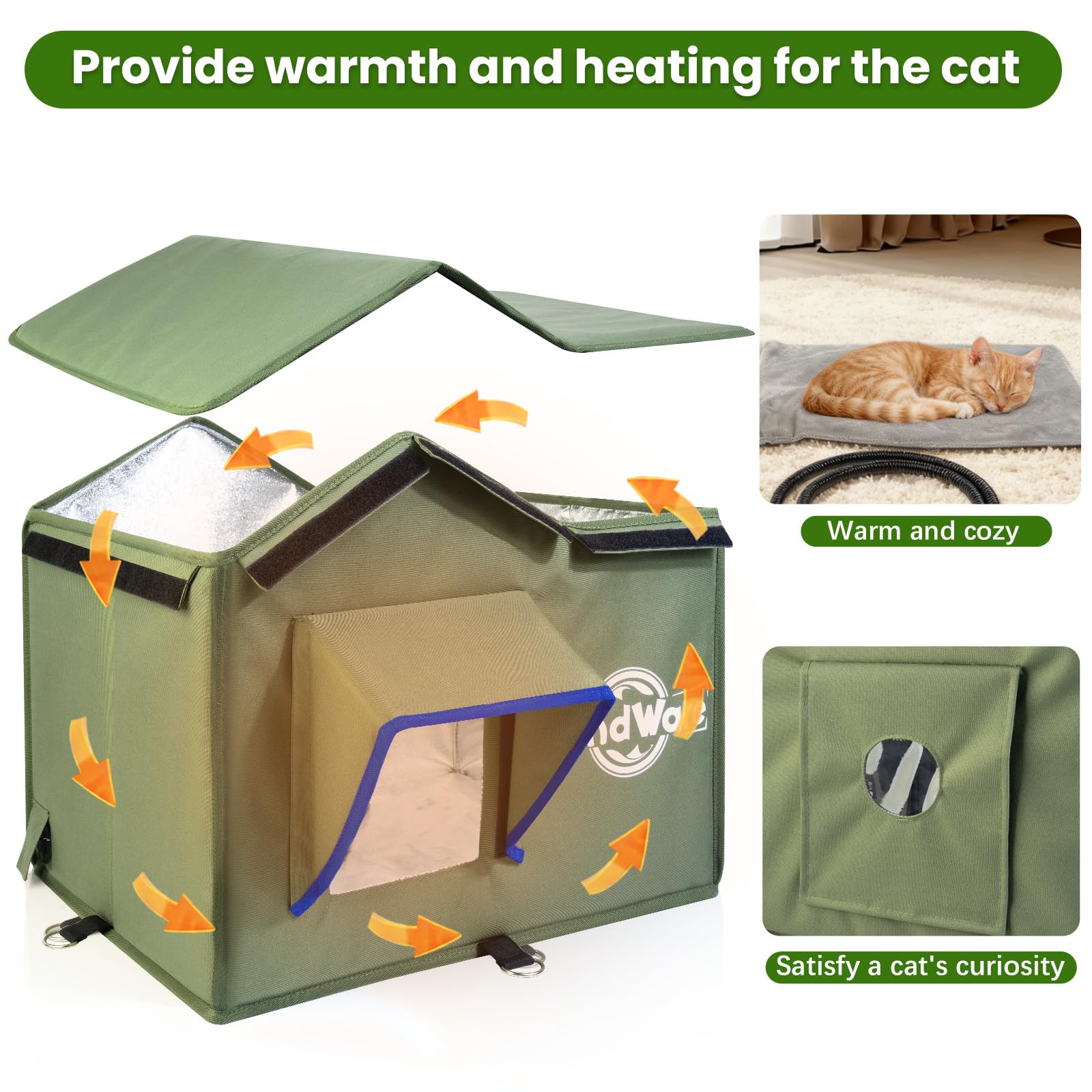 TENDWARE Outdoor Cat House Heated Cat House for Outside with Elevated Base Cat-Attracting Eave Design Feral Stray Shelter Weathe