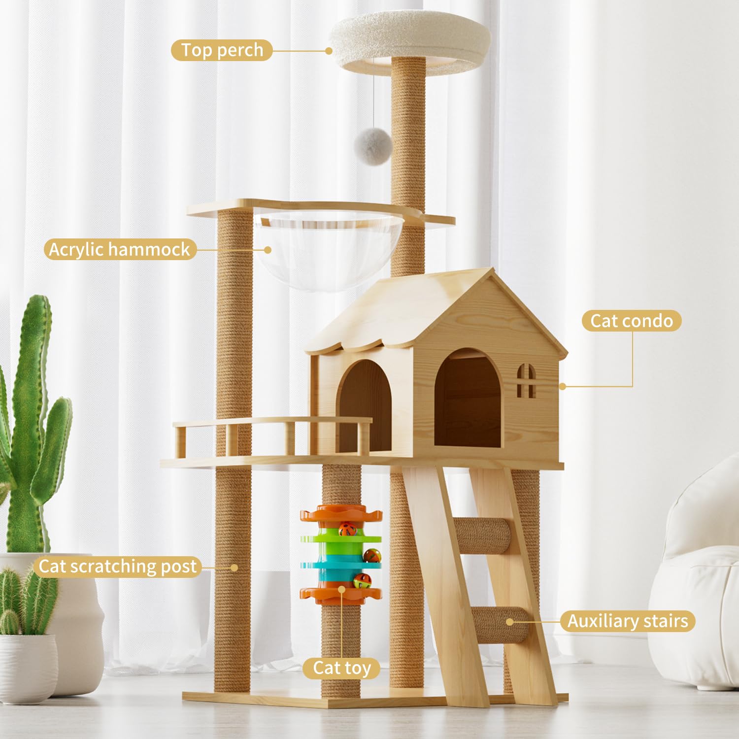 Elegaif Cat Tree Tower, 47.3" Wooden Cat Condo with Acrylic Hammock & Sisal Scratching Posts, Model Cat tree-B66