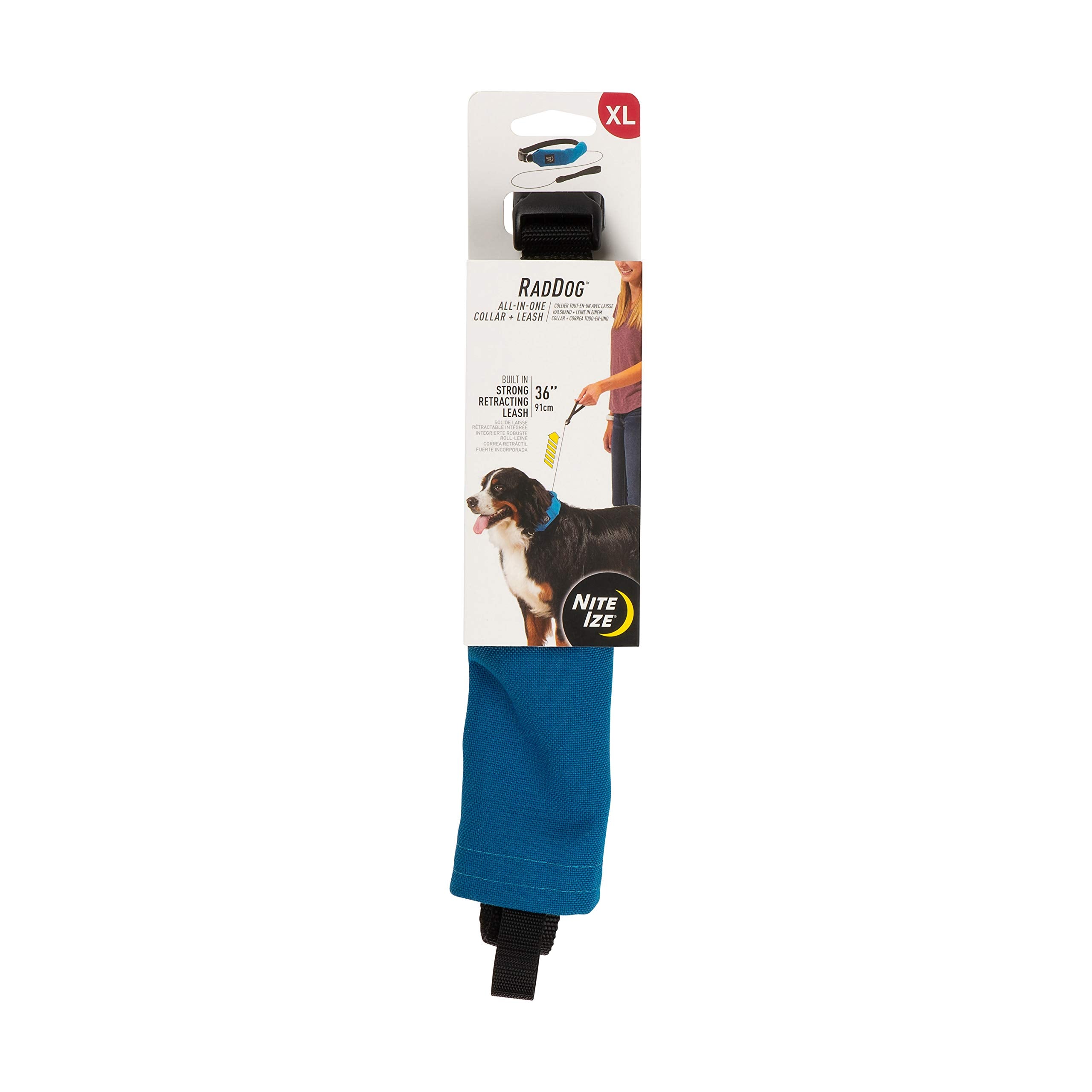 Nite Ize Raddog All-In-One Collar + Leash Combo, Dog Collar With Built-In Retractable Leash, Blue, X-Large 20'-25'