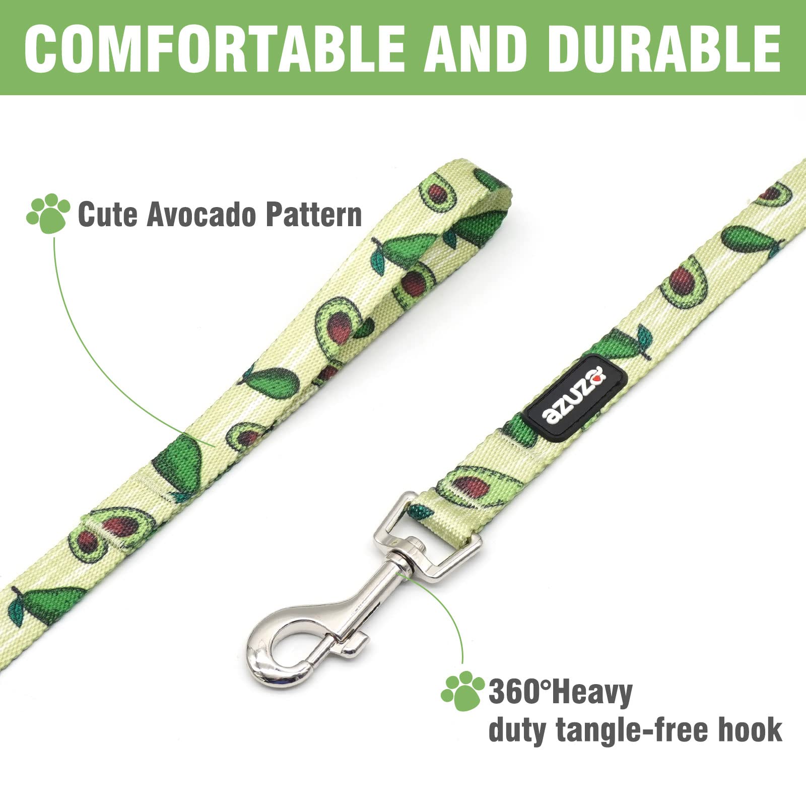 Azuza Dog Collar And Leash Set, Fun Avocado Patterns On Nylon Collar And Matching Leash, Large Dog Collar For Medium Dogs