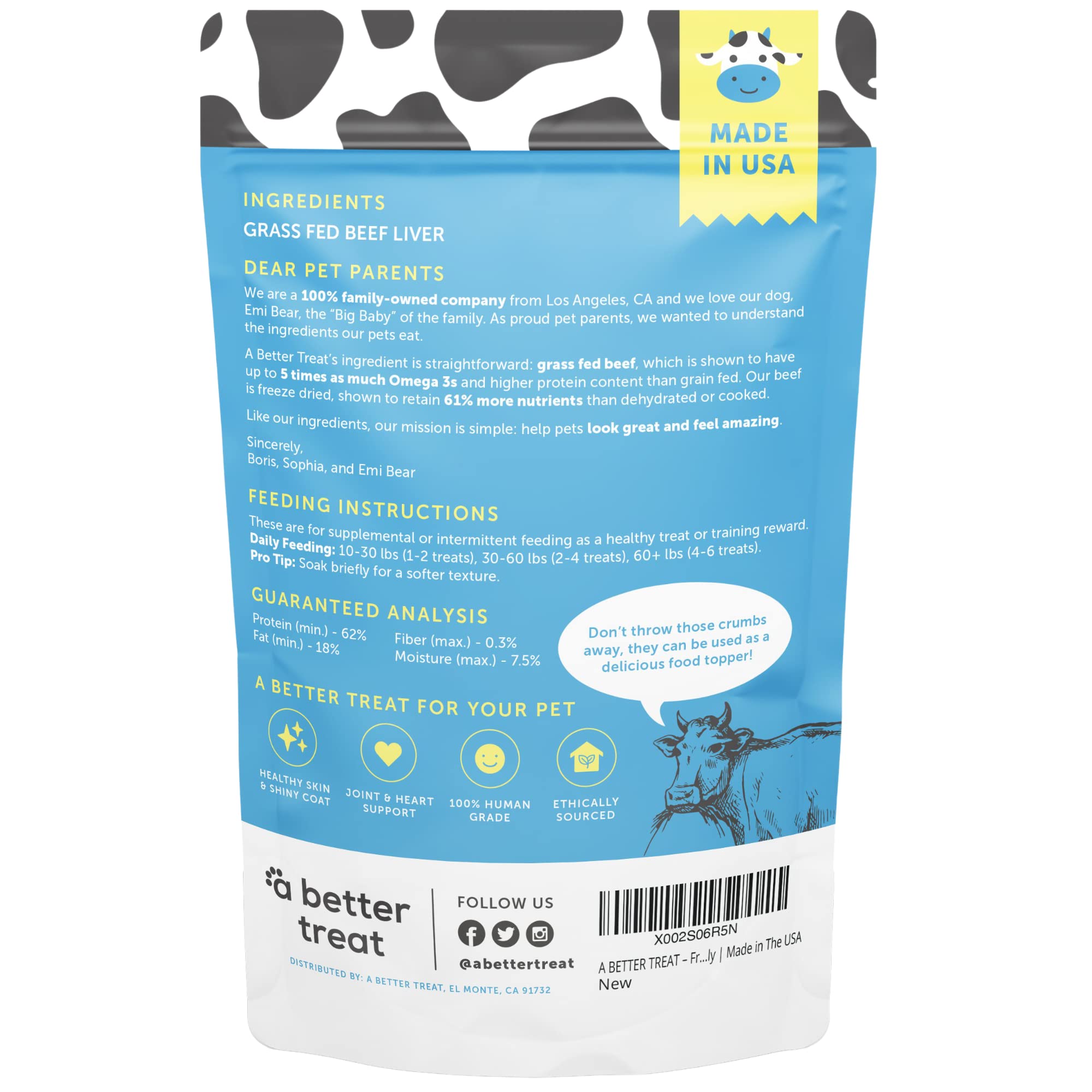 Freeze Dried Beef Dog Treats, Grass Fed, Beef Liver Single Ingredient | Natural, Healthy, High Protein, Diabetic Friendly | Made