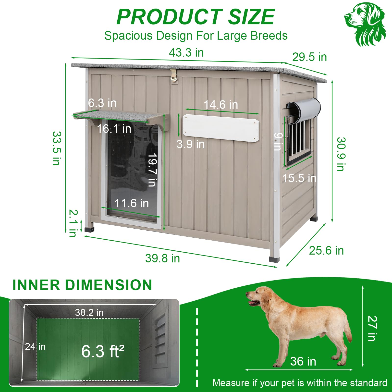 Dog House Outdoor Weatherproof & Wooden Dog Kennel with Chew-Proof Iron Frame,Removable Floor, Adjustable Vent Window, Easy Asse