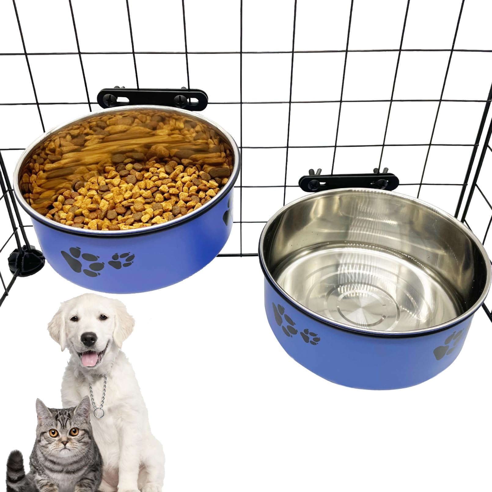 Dog Crate Food and Water Bowl 2Pcs Small Pet Hanging Kennel Removable Dish Feeding Cup with Holder No Spill for Medium Large Siz