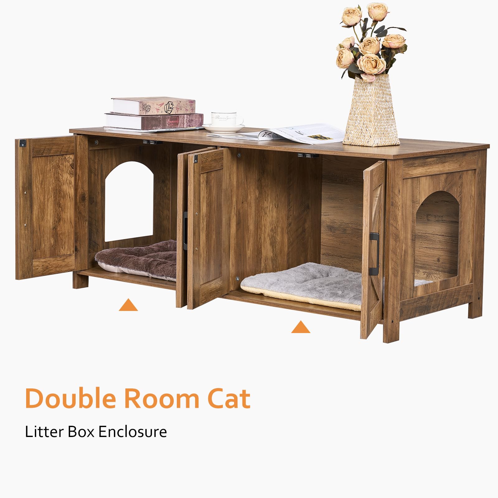 Homhedy Cat Litter Box Enclosure, Wooden Pet Washroom for 2 Cats, 47.2”L x 19.7”W x 19.7”H, Rustic