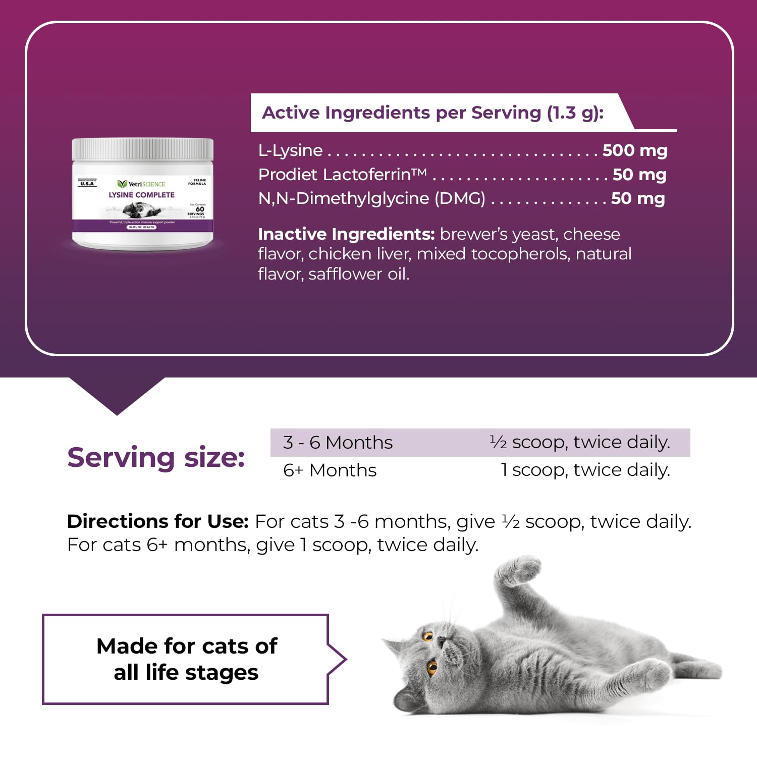 VetriScience Ultimate Strength Lysine Immunity Health Powder for Cats & Kittens, Supplement for Allergy & Nasal Support, Sneezin