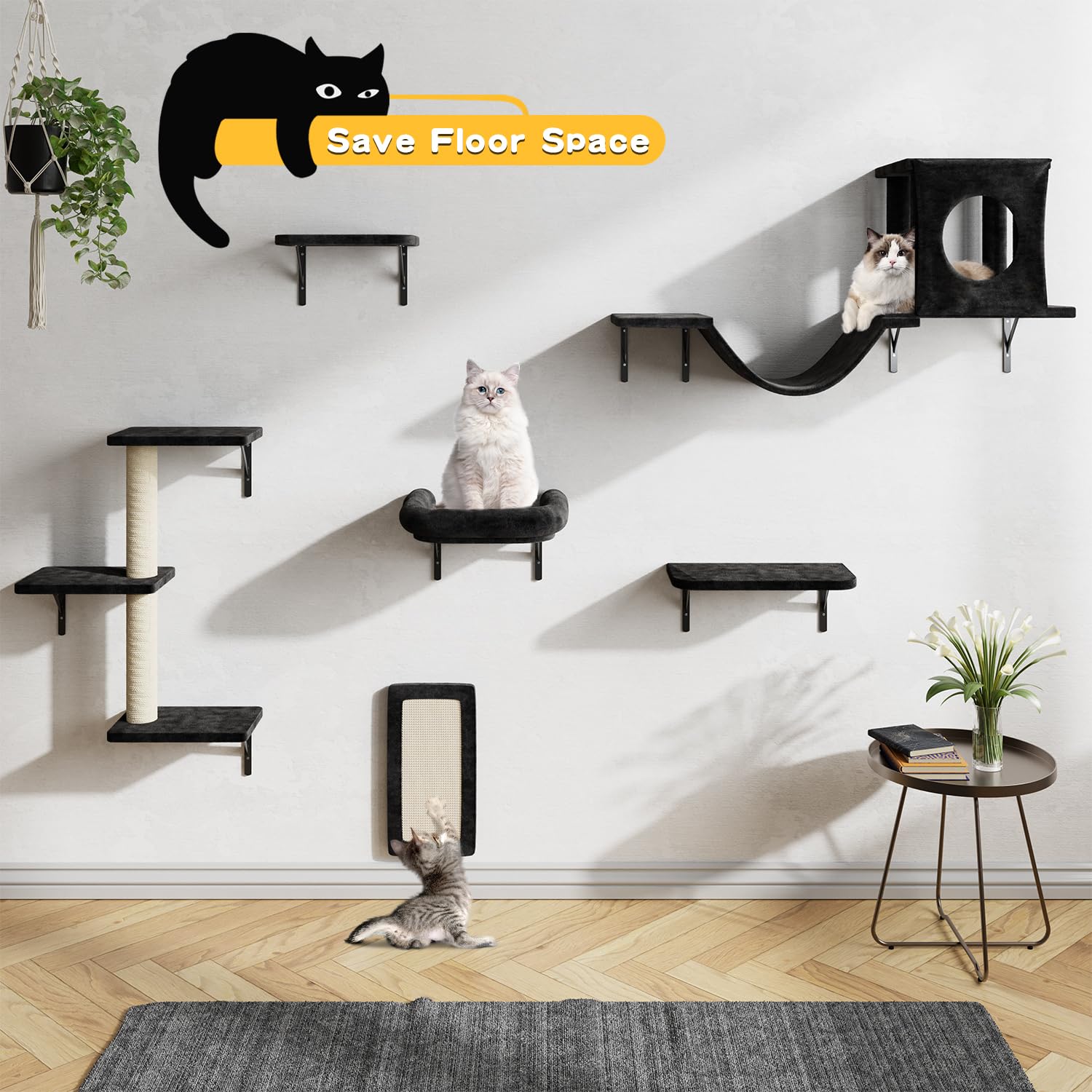 Wall Mounted Cat Furniture Set - 6pc Climber With House, Bridge, Tree, Steps, and Scratcher - DIY Walls Playground, Indoor Shelv