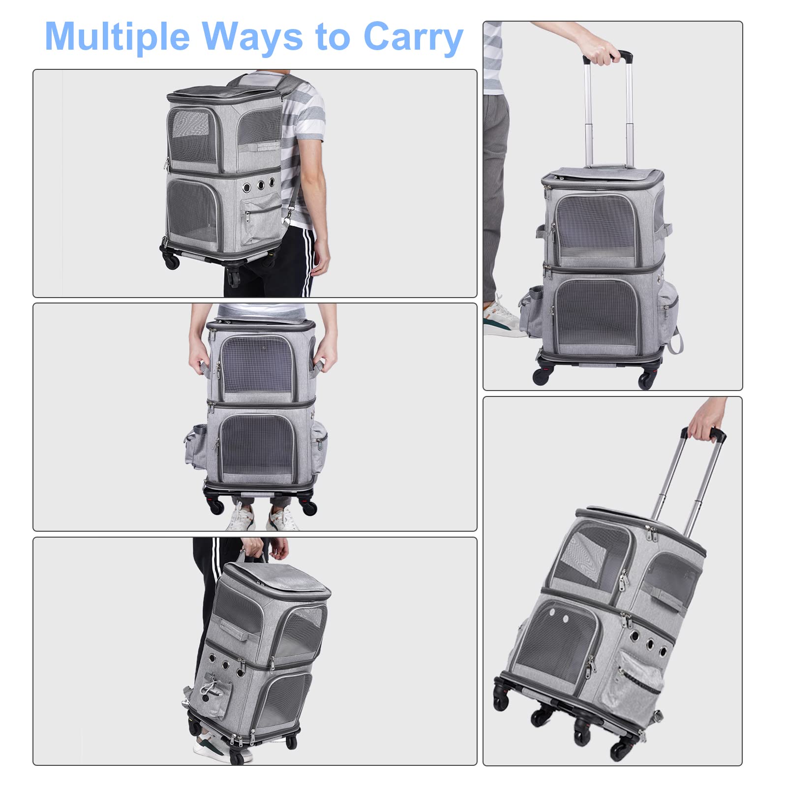 Hovono Extra Large Double-Compartment Pet Carrier Backpack With Wheels For Small Dogs And Cats, Cat Rolling Carrier For 2 Cats,