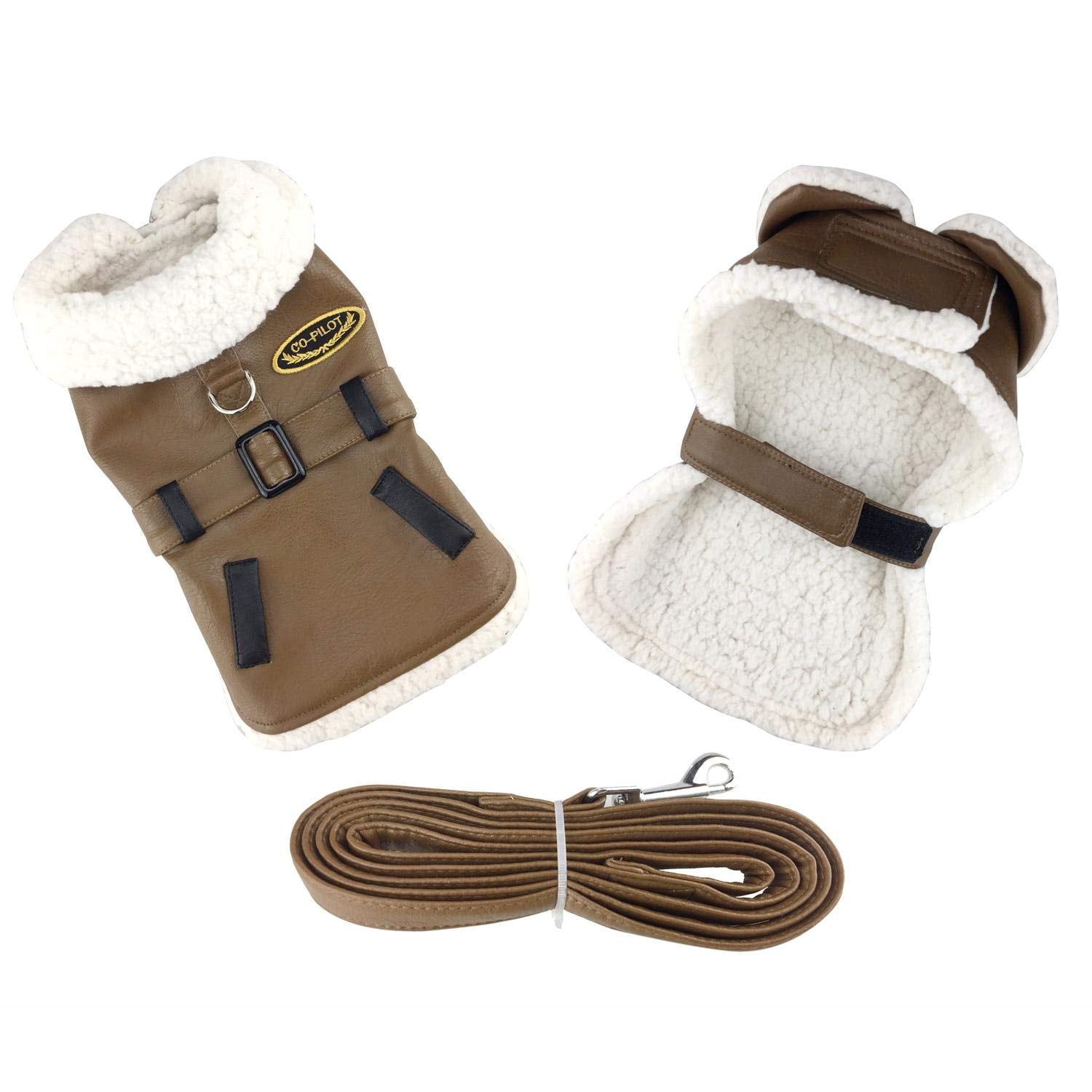 Faux Leather Brown Bomber Dog Coat - White Trim - X-Small