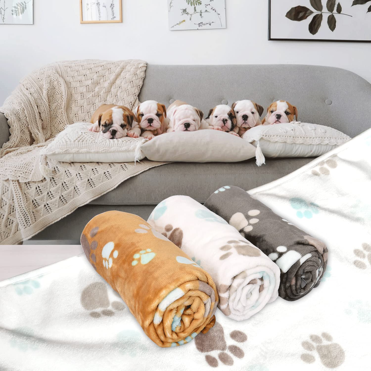 Blankets For Dogs 1 Pack 3,Super Soft Fluffy Premium Fleece Pet Blanket Flannel Throw For Dog Puppy Cat Paw,Grey/Brown/White,23X